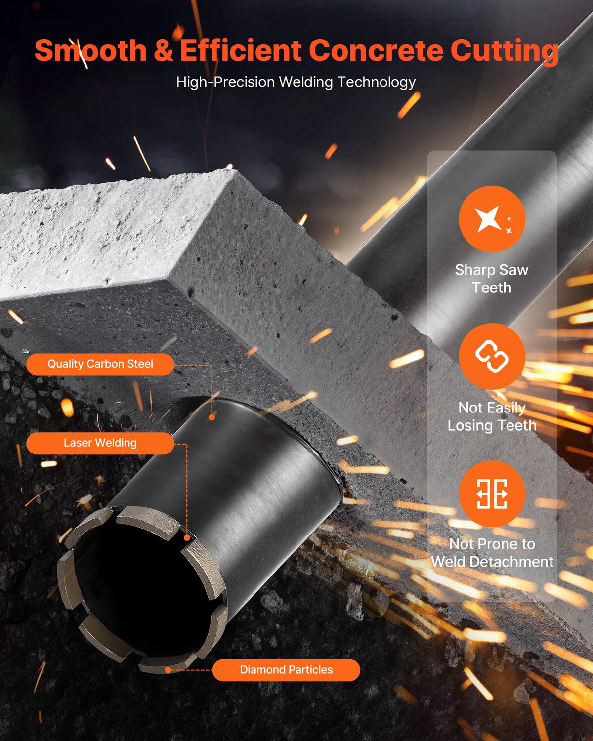 VEVOR Core Drill Bit, 6 Pieces, 1/2/3/4/5/6 inch Diameter, 14 inch Drilling Depth, 1-1/4 in-7 Internal Thread, High-Precision Welding, Wet Diamond Core Bit for Reinforced Concrete, Bricks, and Masonry