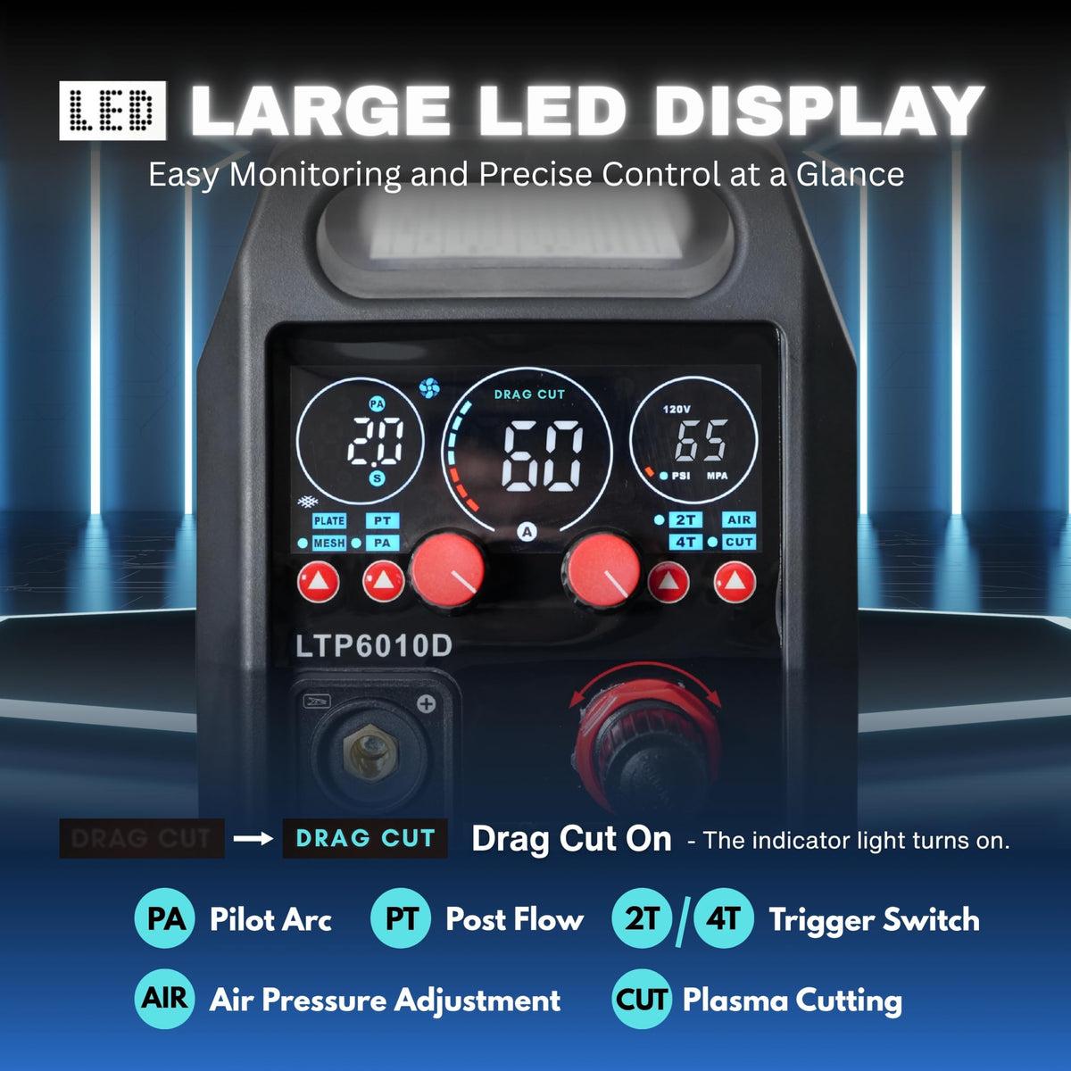 LOTOS Apex LTP6010D 60A Plasma Cutter, Drag-Cut Ready & Up to 20% Faster, 5/8" Clean (3/4" Sever), Non-Touch Pilot Arc, New-Design Torch, Dual-Voltage 110/220V, LED Panel, Front Regulator