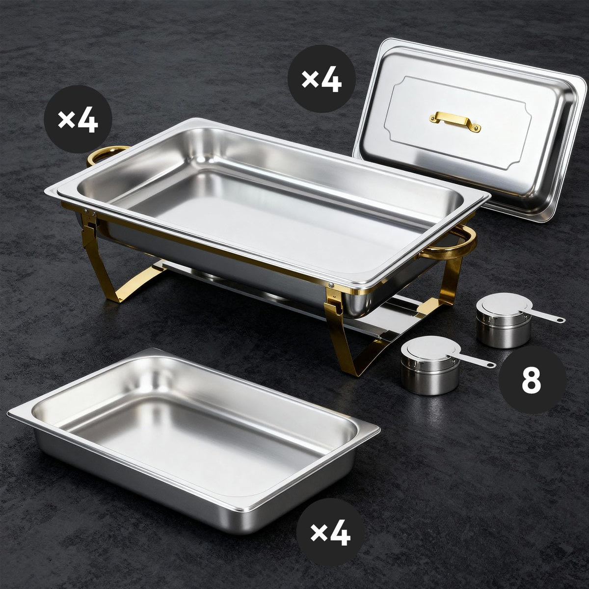 9Qt Chafing Dishes for Buffet, Gold Stainless Steel Chafing Dish Sets, Food Warmers for Parties, Buffet Servers and Warmers, Warming Trays for Buffets Party, Catering Supplies Buffet Display, 4 Pack