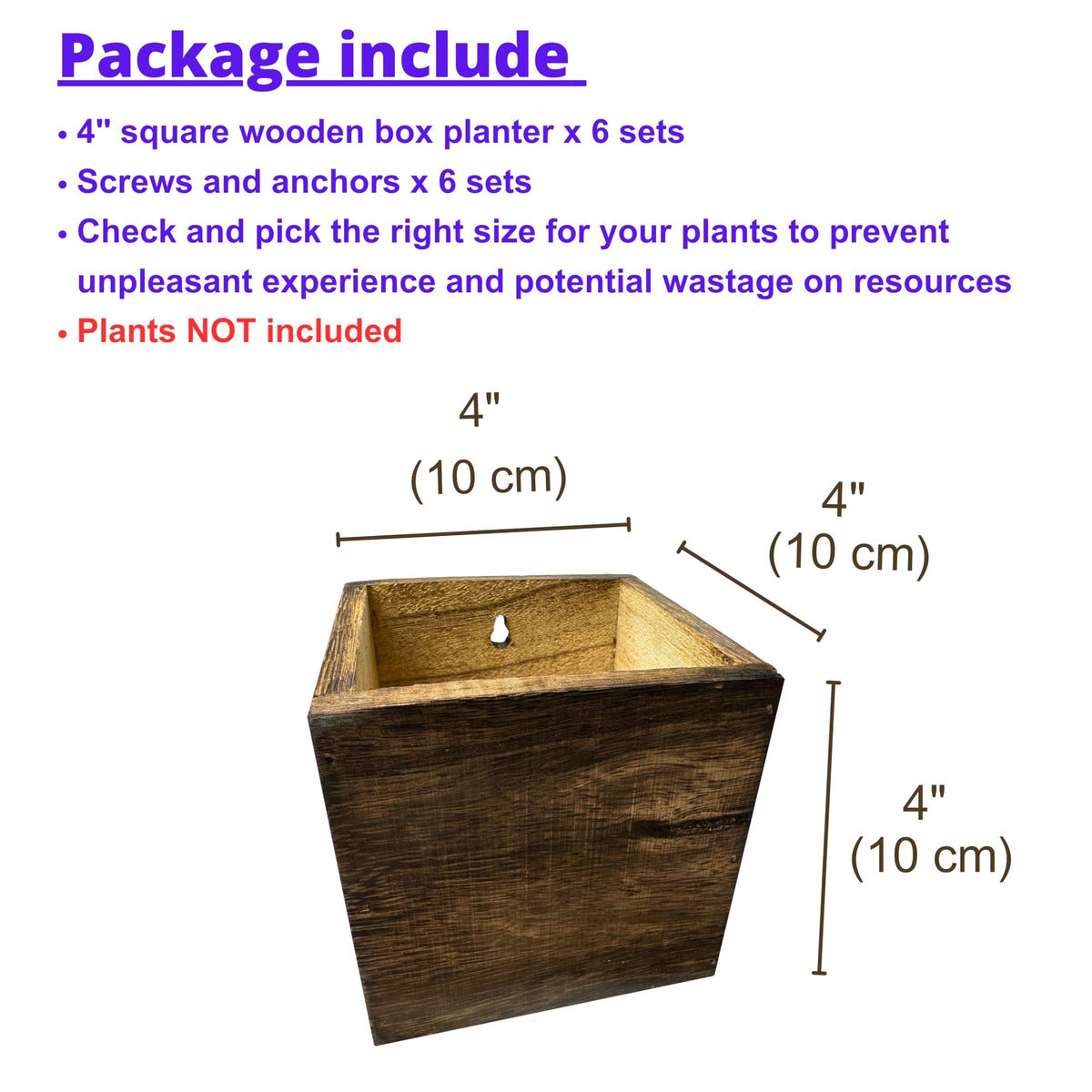LaLaGreen Wood Planter Boxes for Indoor Plants (4x4 Inch, 6 Pack) Small Square Wall Mounted Planters Flower Pot, Herb Wooden Box Hanging Plant Holder Outdoor Balcony Vertical Garden Modern Home Decor