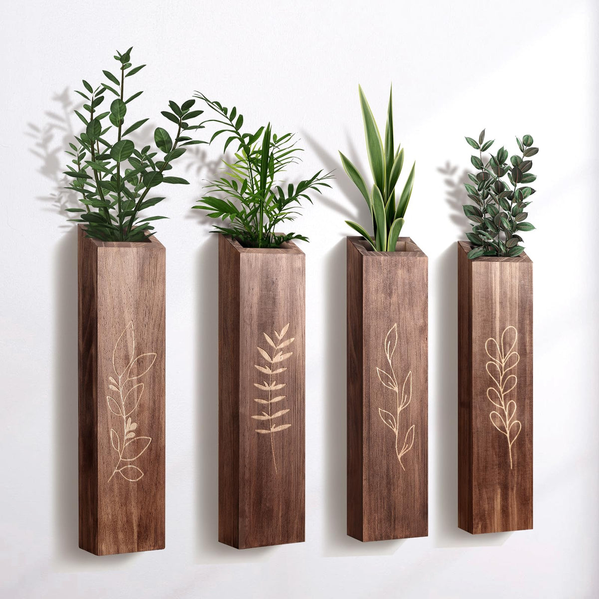 BOTOP 4 Pack Wood Indoor Wall Planter, Modern Boho Wall Decor for Living Room Bedroom, Farmhouse Pocket Vases for Dried Flowers and Faux Greenery Plants - Brown