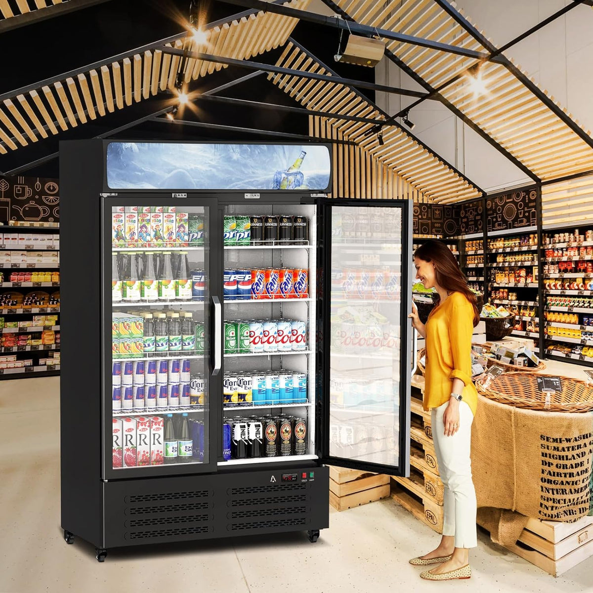 ACONEE Commercial Merchandiser Refrigerator, 25.3 cu ft Capacity Glass Door Upright Display Fridge, Commercial Display Refrigerators with LED Top Panel, Display Refrigerator Drink Cooler Case for Shop