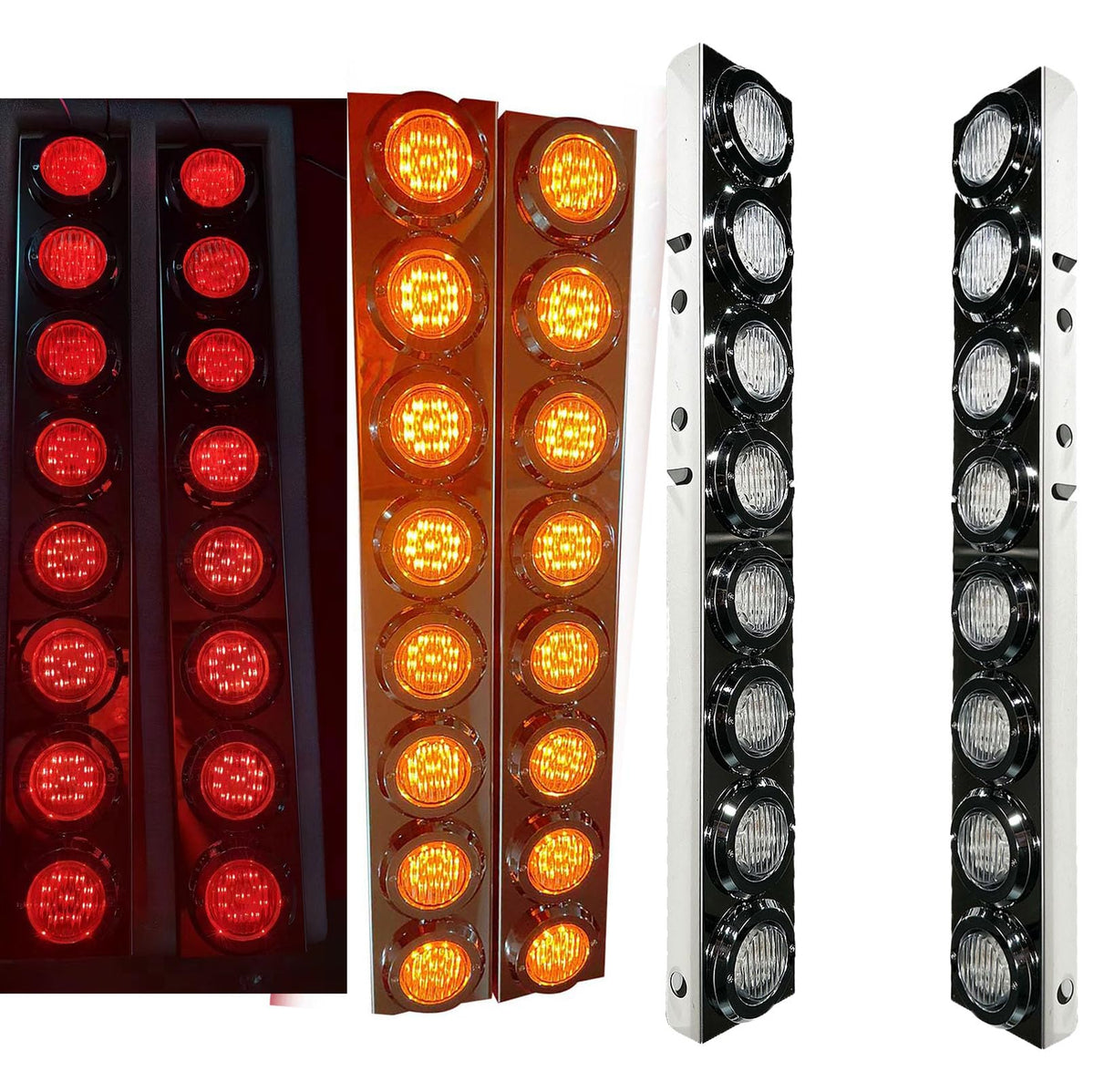 BST BSSP 4PCS Front Air Cleaner Kit 16 Flat Red+Yellow LED Lights & Bezels -For Peterbilt Reflector/Clearance Lens/Marker Light, Stainless Steel
