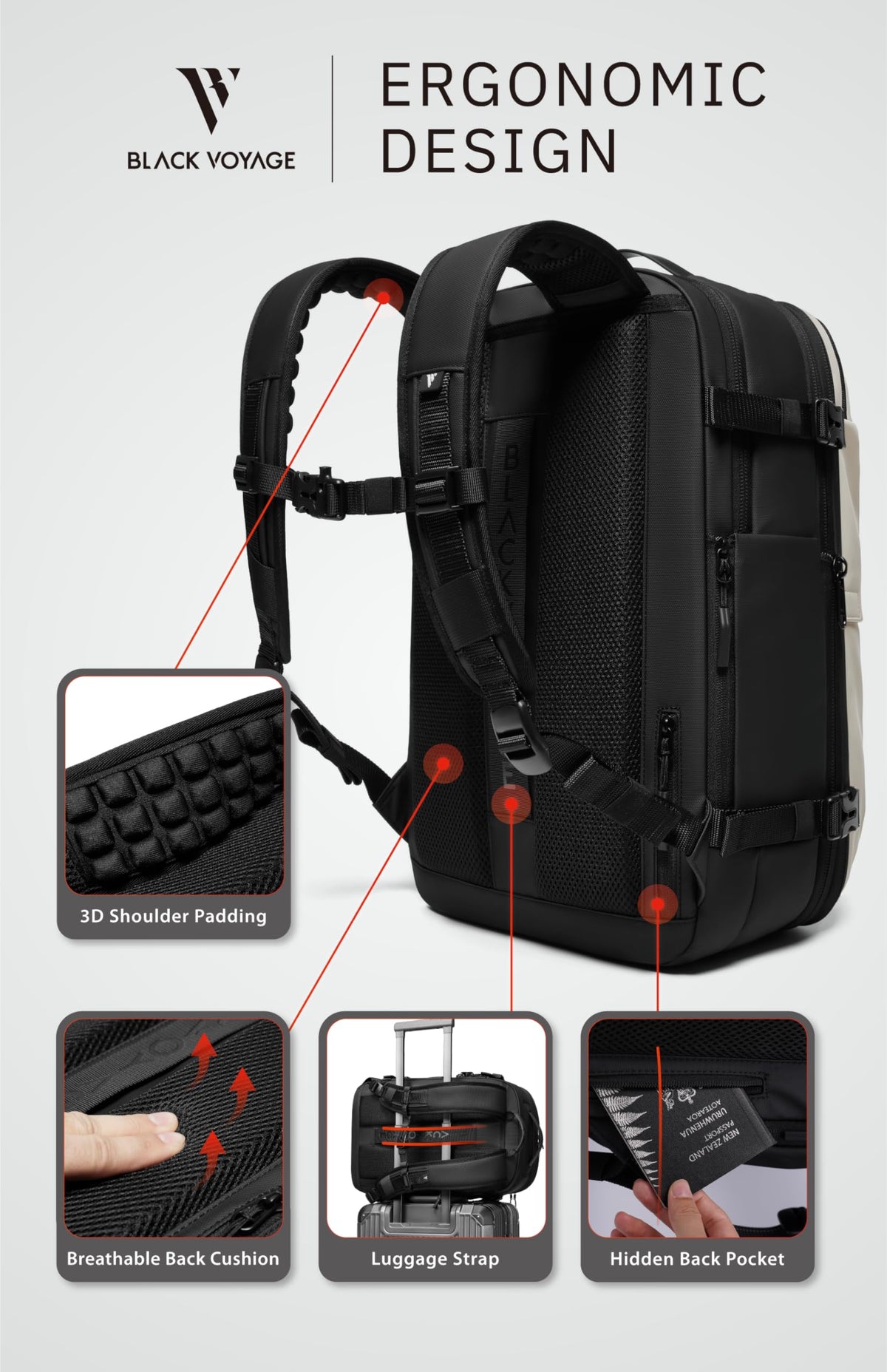 BlackVoyage Vortex Vacuum Seal Travel Backpack 60L Expandable Air Compression System Water Resistant TSA Lock Carry-On Suitcase Luggage White AERO - Vacuum Pump Included