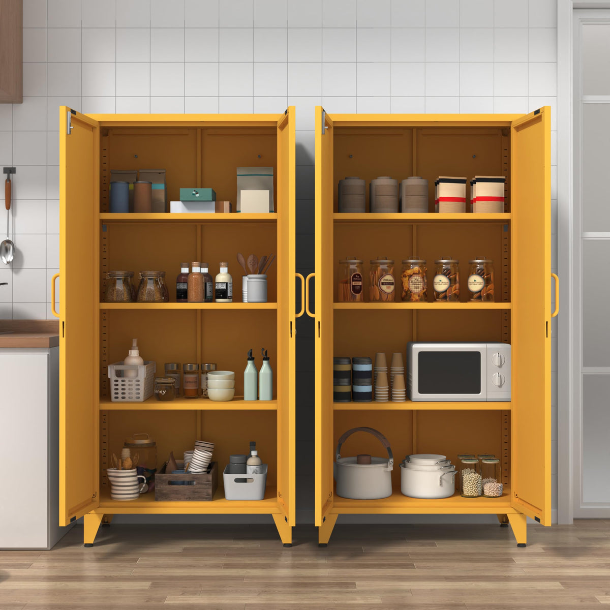 Aiasuit Lockable Metal Pantry Cabinet with 3 Adjustable Shelves, Heavy Duty 4-Tier Storage Organizer, 2-Door Locker for Kitchen & Entryway and Hallway Yellow