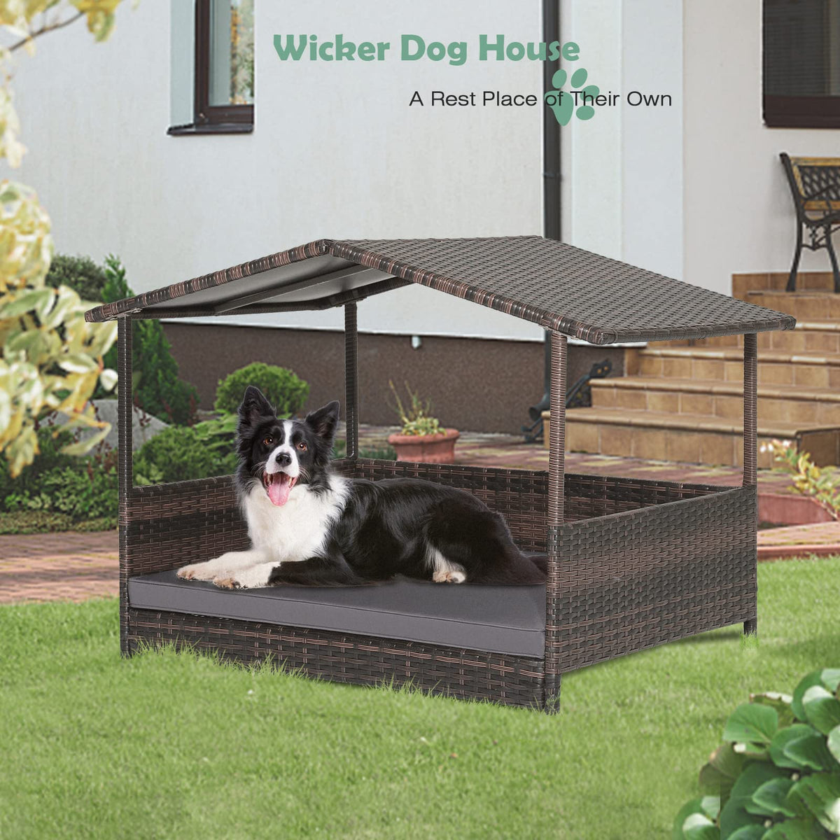 HAPPAWS Wicker Dog Bed House, Indoor Outdoor HDPE Rattan Dog Houses, Raised Dog Cot Pet House, Elevated Pets Sofa w/Washable Cover, Waterproof Roof Shelter, Removable Cushion Lounge