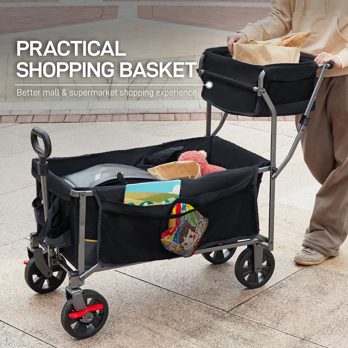 EVER ADVANCED Collapsible Push & Pull Shopping Cart with Wheels & Brakes, Foldable Wagon for Groceries with Practical Basket, Side Pockets & Cup Holders, Beach Utility Rolling Cart for Camping, Black