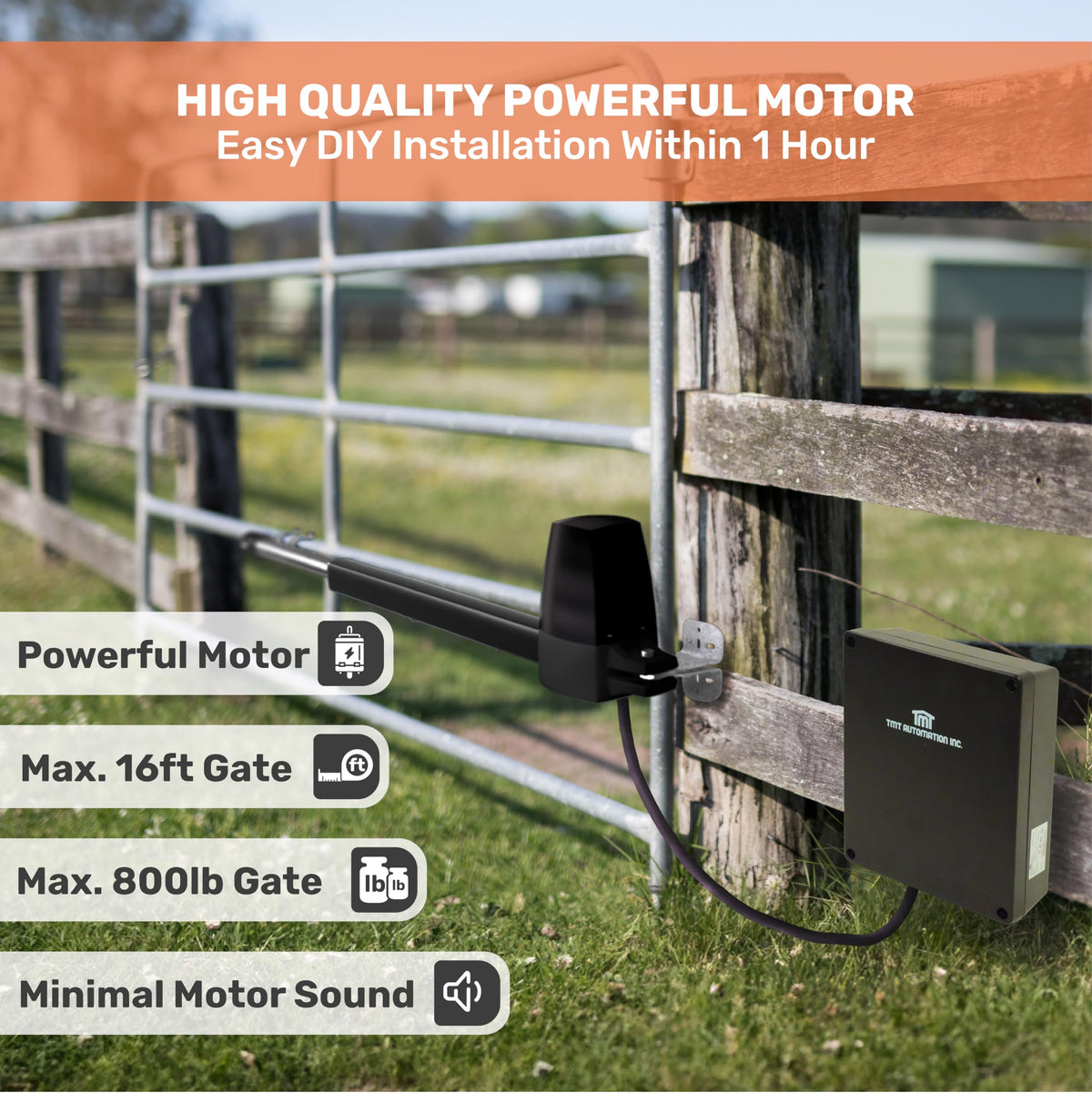 TMT Beagle Single Automatic Gate Opener Up to 16ft and 800lb Heavy Duty Swing Gate, Gate Opener with Remote Control Kit, Electric Gate Openers for Driveway with Powerful Motor (APP Compatible)