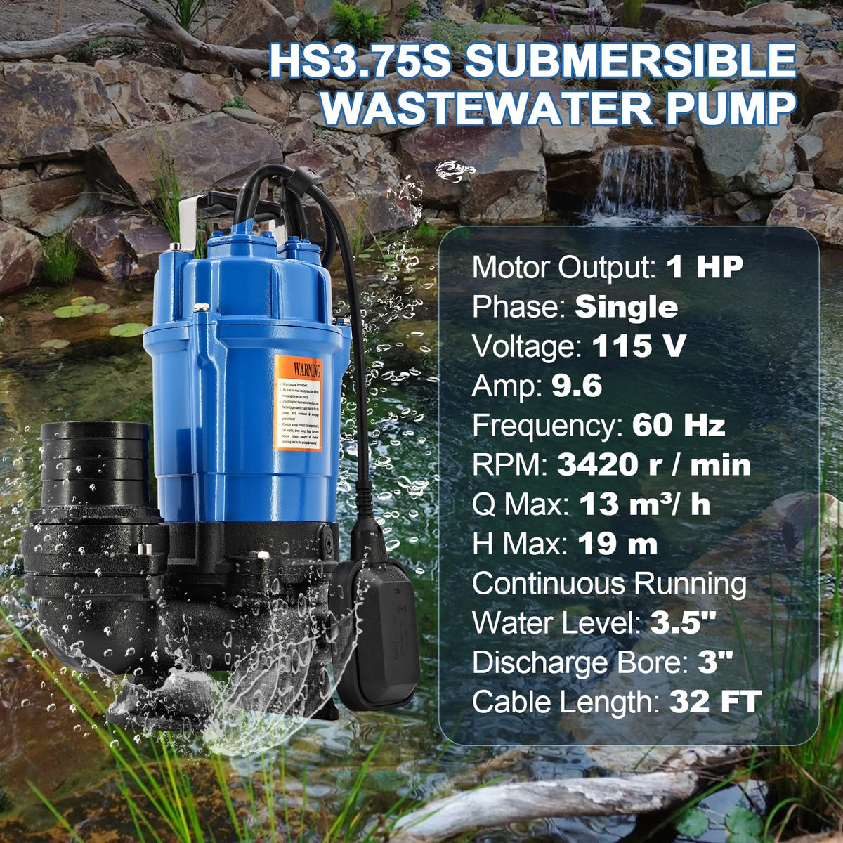 HSZ3.75S HS3.75S 1 HP 115V Automatic Electric Submersible Wastewater Pump with Float Switch Replacement for HS3.75S-62, 61 GPM / 3660 GPH, 3" Straight Male NPT