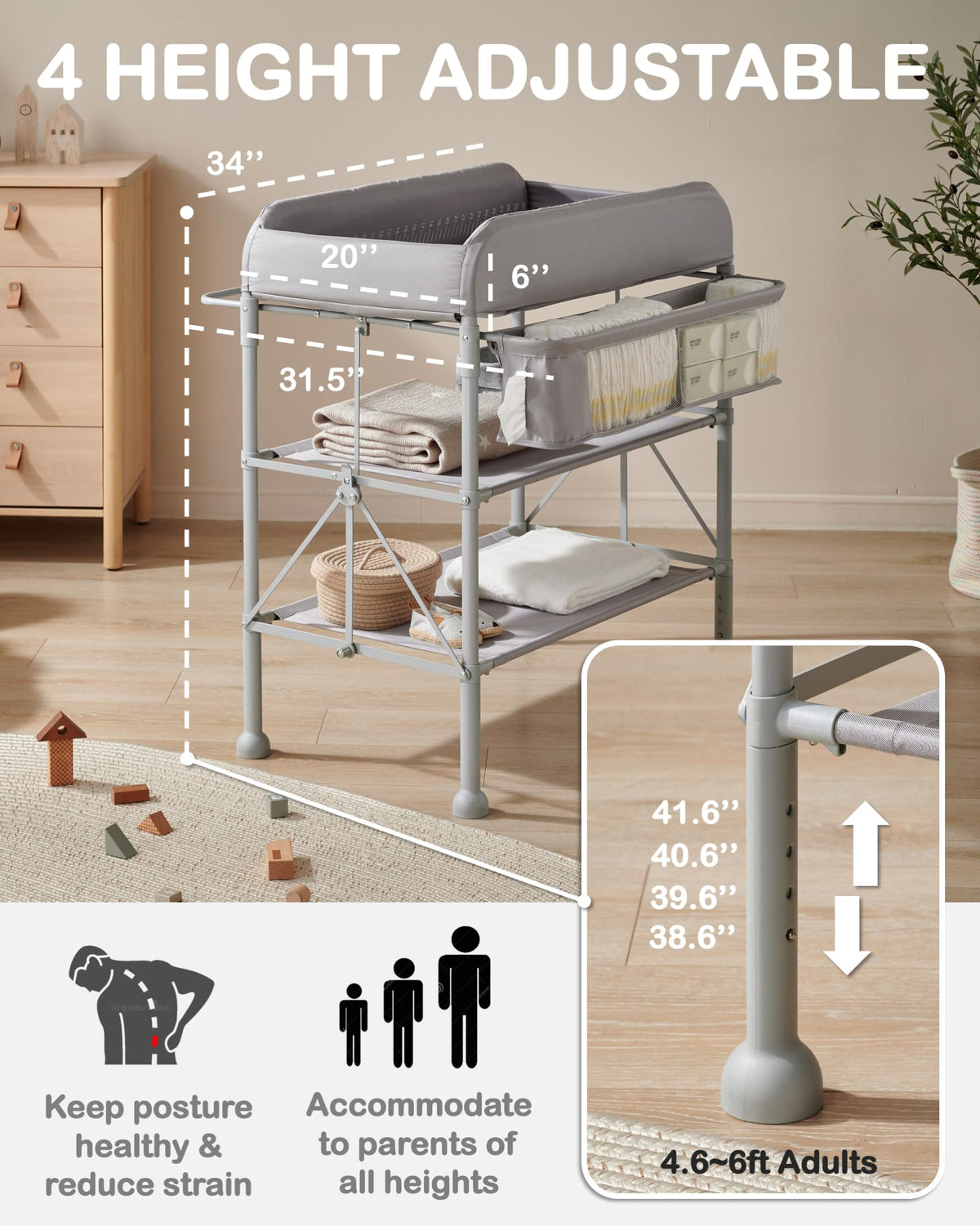 BEKA Diaper Changing Station, Portable Changing Table for Baby, Waterproof, Folding Portable Changing Station, Adjustable Height w/Organizer, Mobile Nursery Diaper Changing Table for Baby, Newborn