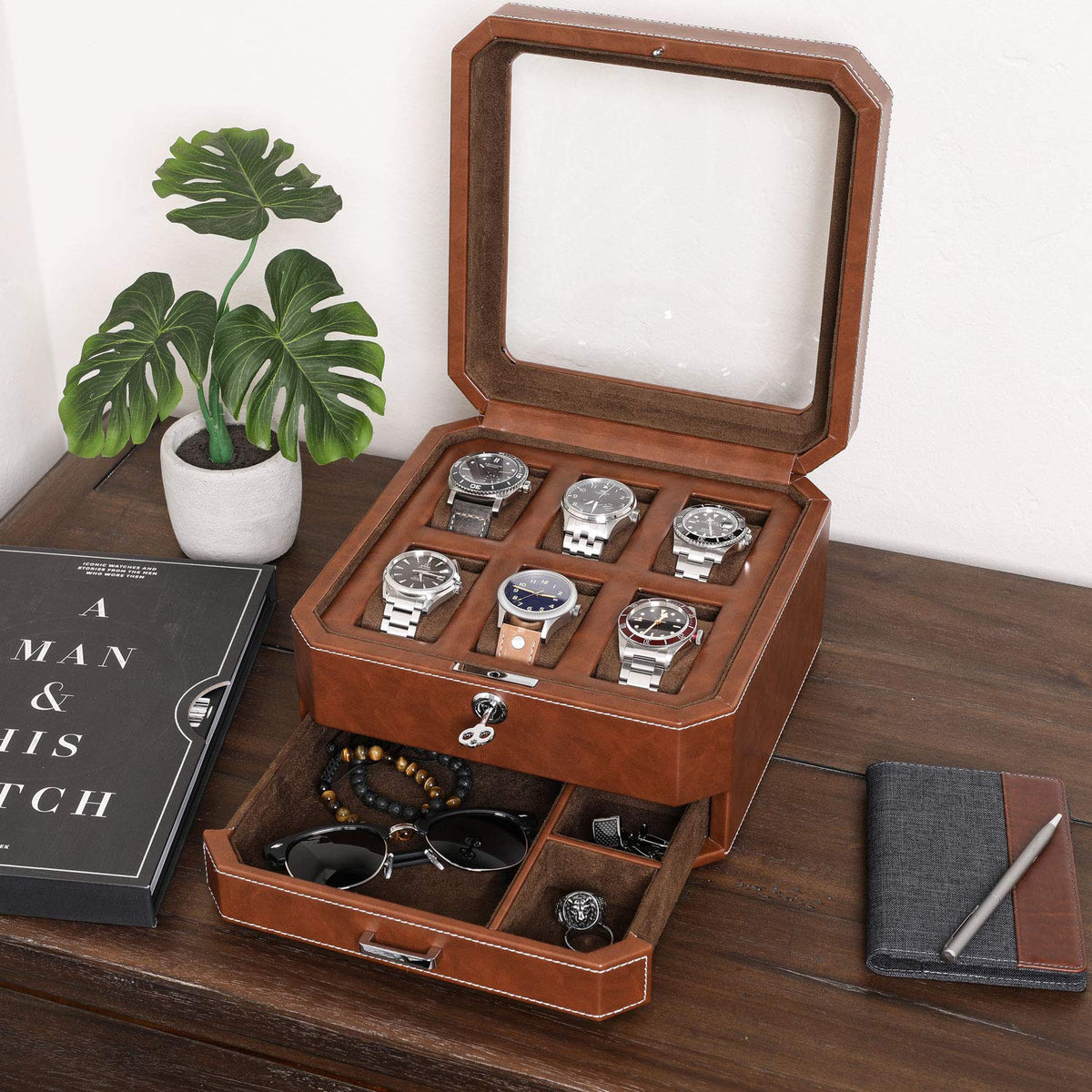 ROTHWELL 6 Slot Leather Watch Box with Valet Drawer - Luxury Case Display Organizer, Microsuede Liner, Locking Mens Jewelry Watches Holder, Men's Watch Storage Large Glass Top (Tan/Brown)