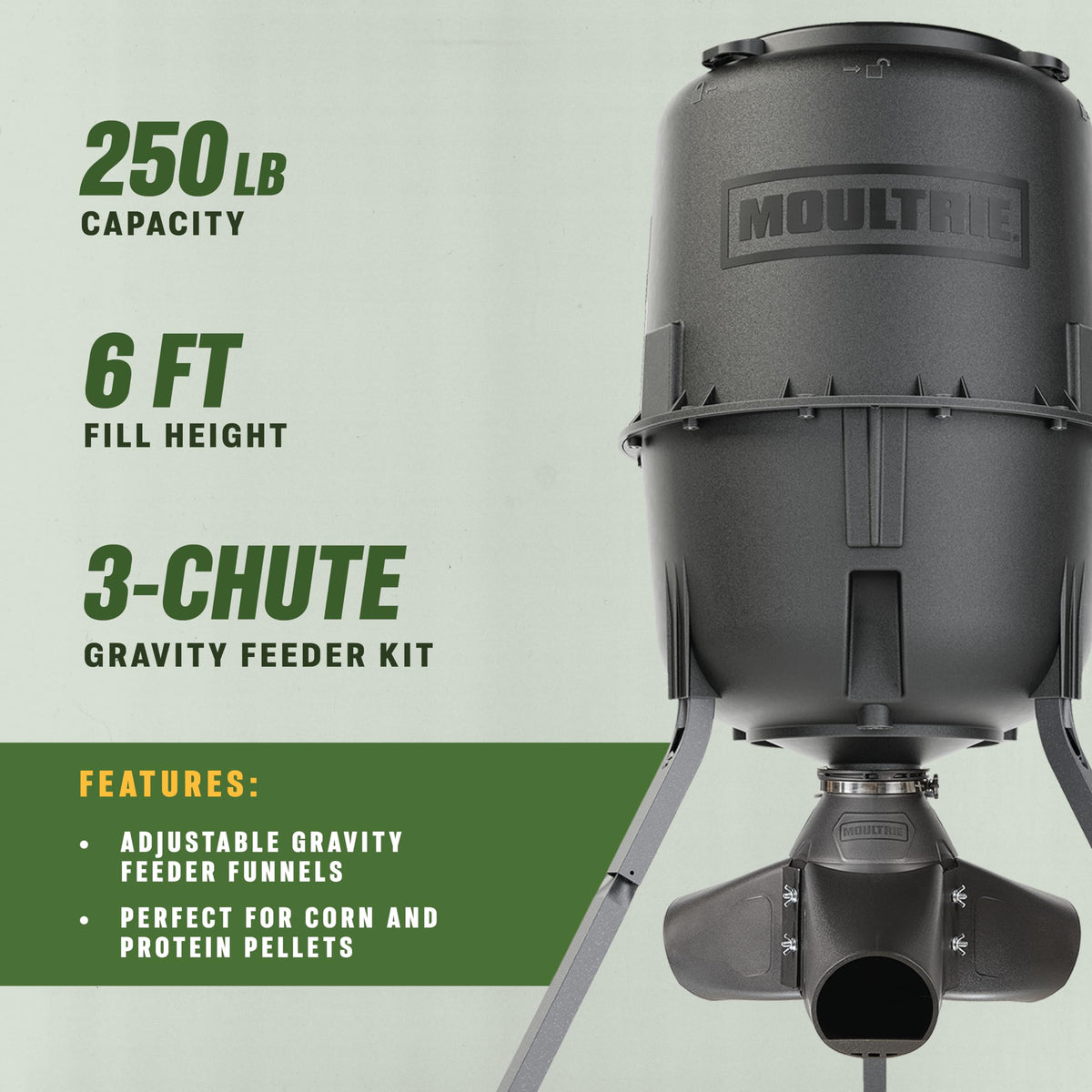 Moultrie 250 lb. Gravity Deer Feeder - Tripod Game Feeder - Easy Conversion Adapter - Protein Pellet Ready - Rugged No-Power Setup for Deer Management