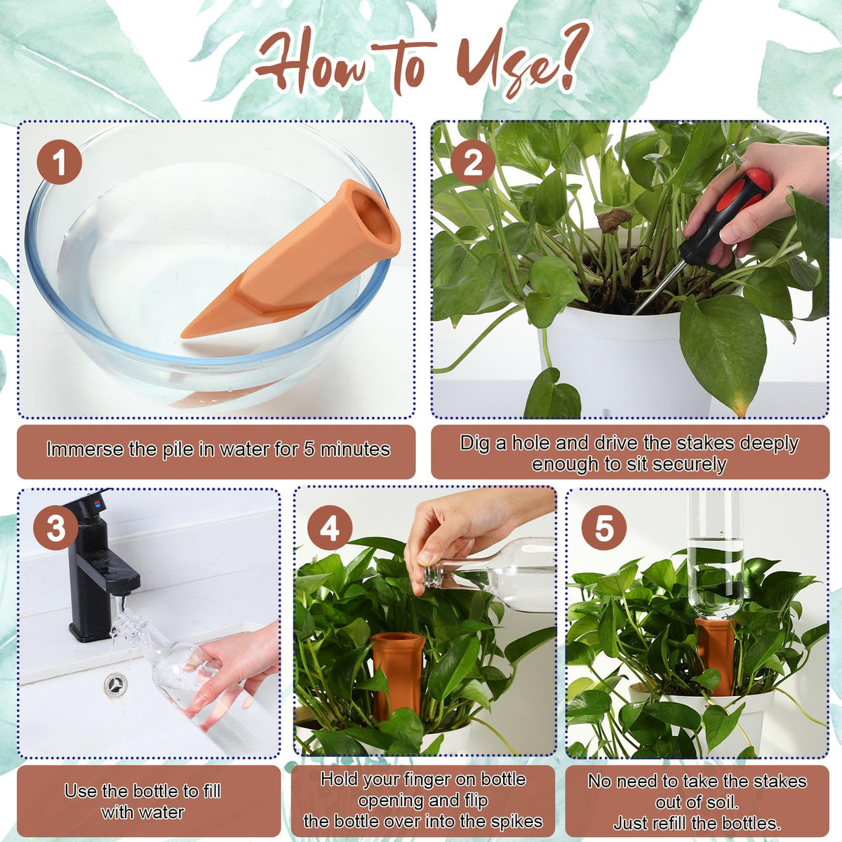 SiliFine 6 Sets Plant Watering Devices Include Terracotta Self Watering Spikes and 26 oz Plastic Bottles, Slow Release Vacation Insert Automatic Plant Waterer Device (Green Clear Brown and Terracotta)