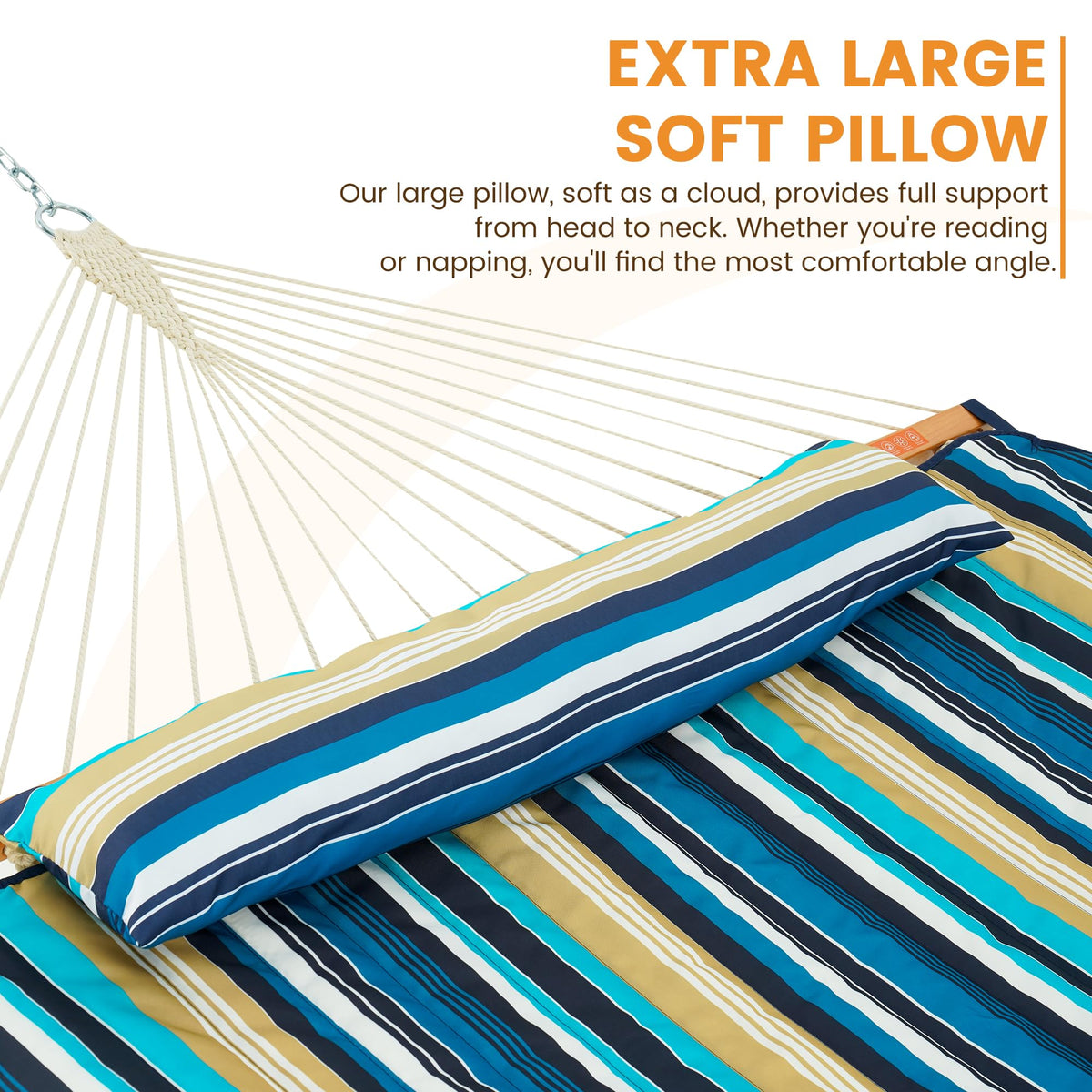 Lazy Daze Hammocks 2 Person Portable Hammock with 12FT Stand, Double Hand Woven Cotton Rope Hammock with Detachable Quilted Pad & Pillow for Outside, 450lb Capacity, Beach Stripes