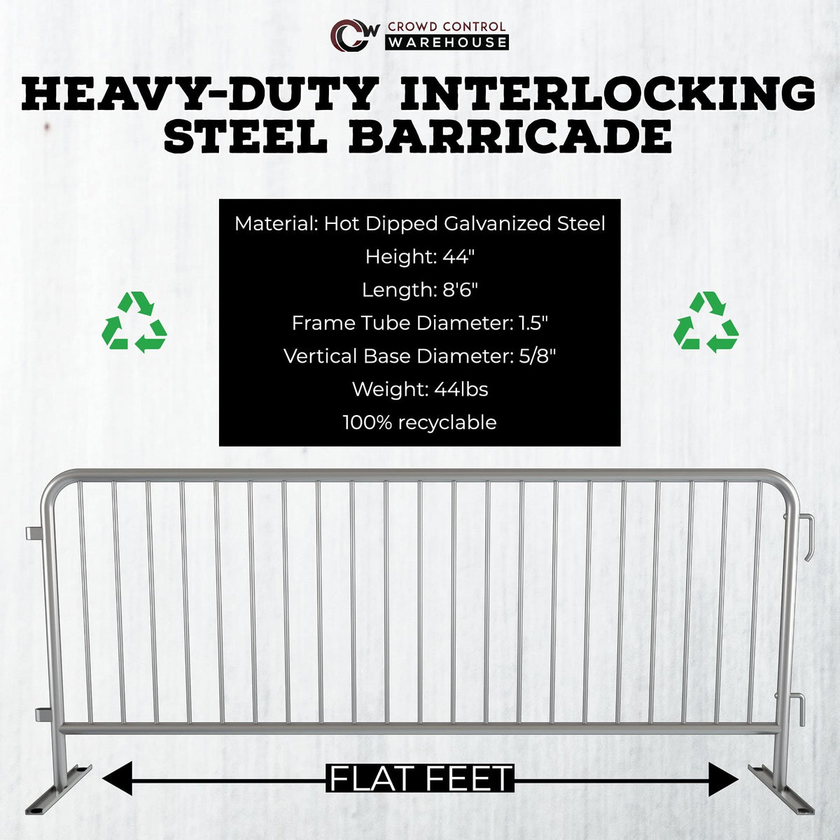 Angry Bull Barricades Metal Interlocking Steel Barricade (8.5 Ft. Heavy Duty, Flat Feet, Grey Powder Coated, Set of 10)