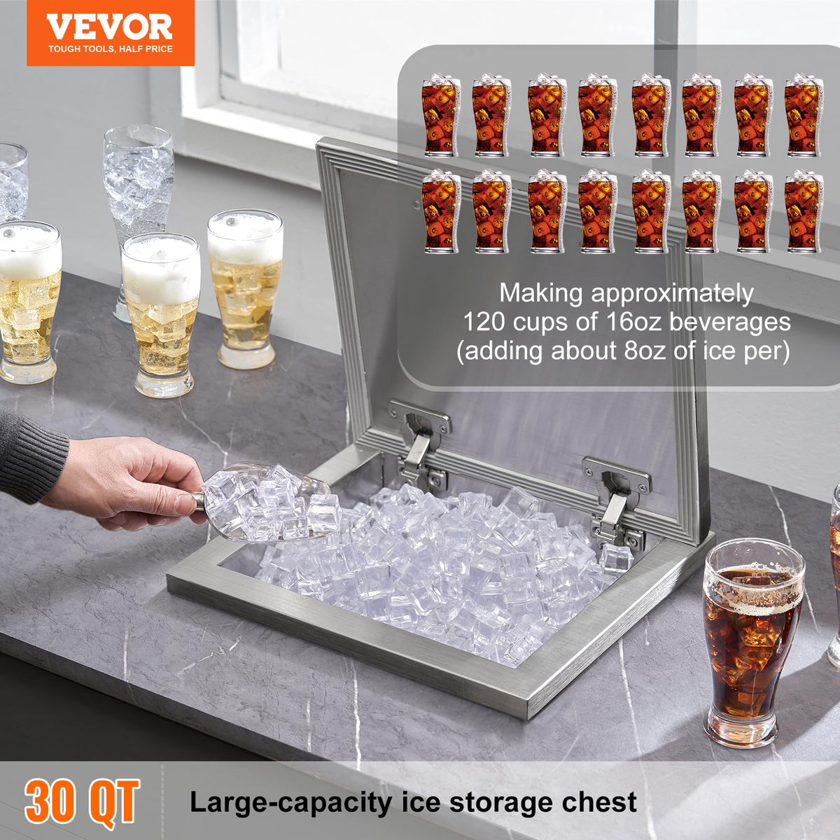 VEVOR Drop in Ice Chest, 14" L x 12" W x 18" H Stainless Steel Ice Cooler, Commercial Ice Bin with Hinged Cover, 40 qt Outdoor Kitchen Ice Bar, Drain-Pipe and Drain Plug Included, for Cold Wine Beer