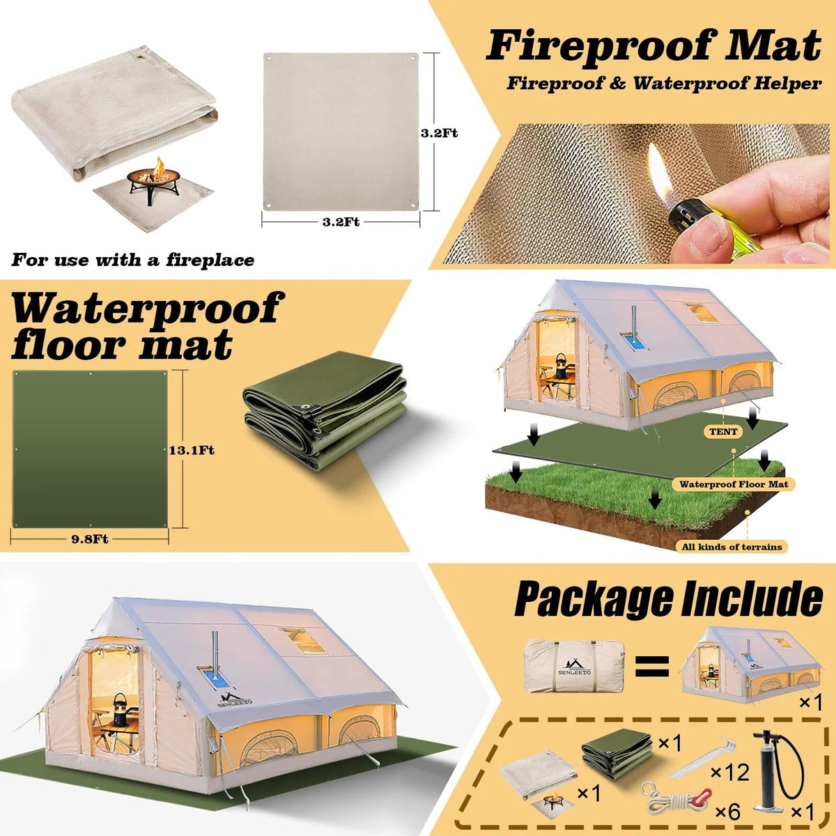 13' x 10' Large Inflatable Tent for Camping 8-10 Person, 4 Season Inflatable Hot Tent with Stove Jack, Easy Setup Blow Up Tents for Camping with Hand Pump, Waterproof Floor Matress