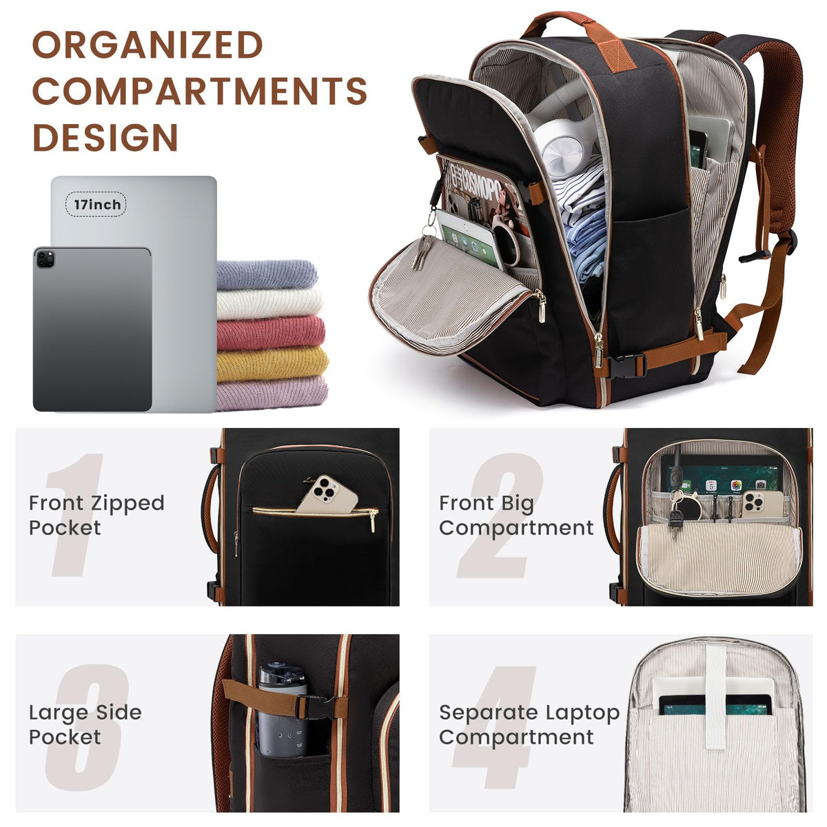LOVEVOOK 40L Large Travel Backpack for Women Men, 17 Inch Carry on Backpack for Traveling on Airplane, Personal Item Bag Airline Approved, Business Causal Weekender Backpack, Black-Brown