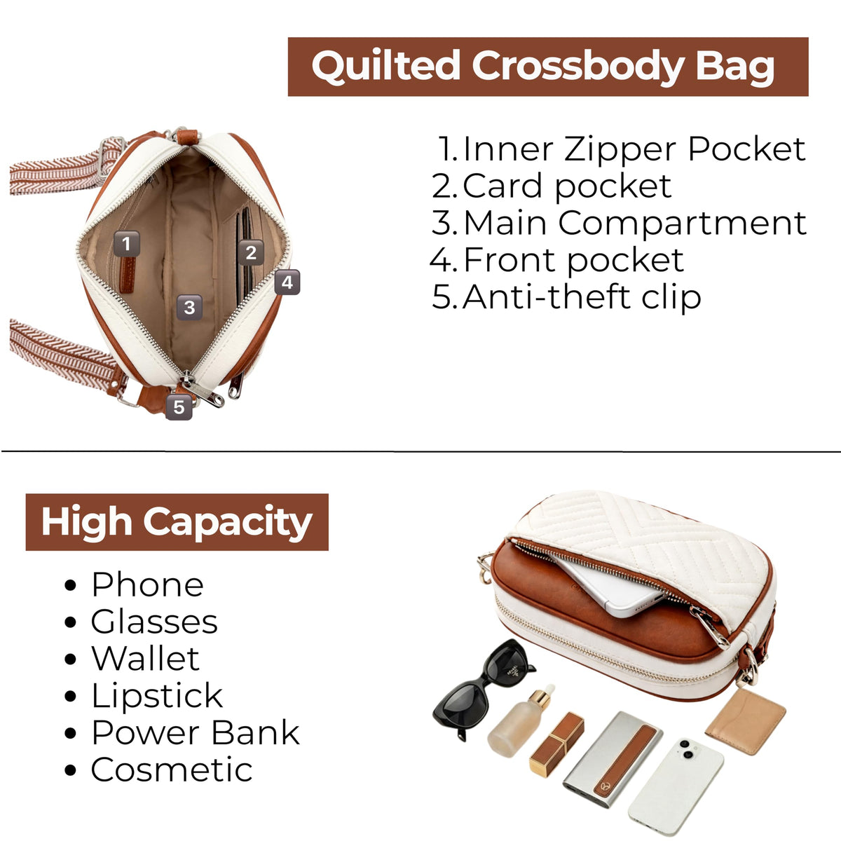 Vantamo Premium Quilted Crossbody Bags for Women with Anti-Pickpocket Clip, Vegan Leather Handbags, Travel Purses for Women