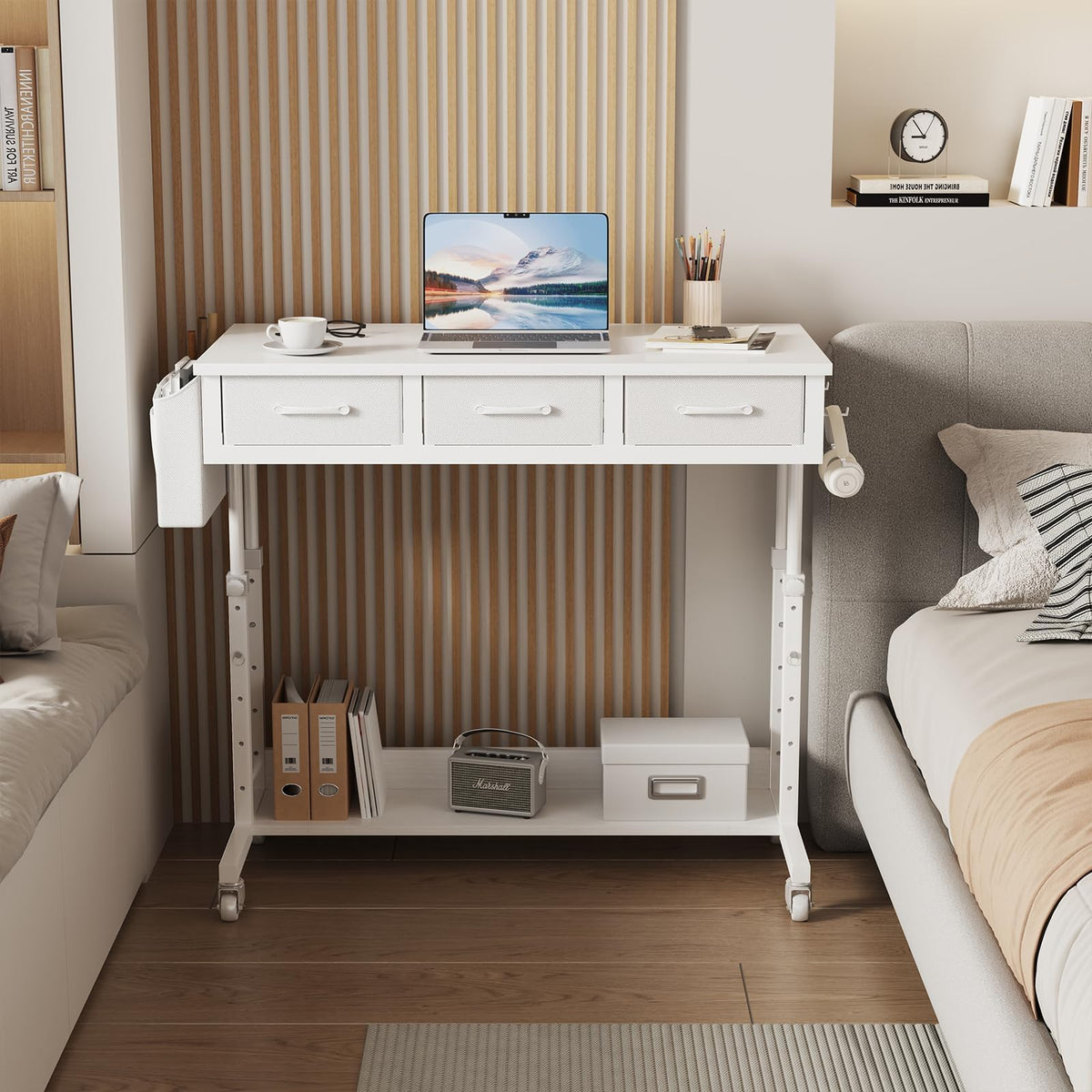 White Portable Rolling Computer Desk - 40 Inch Adjustable Mobile Standing Teacher Desks with 3 Fabric Drawers on Wheels, Couch Sofa Side Laptop Stand Up Table with Storage for Home Office, White