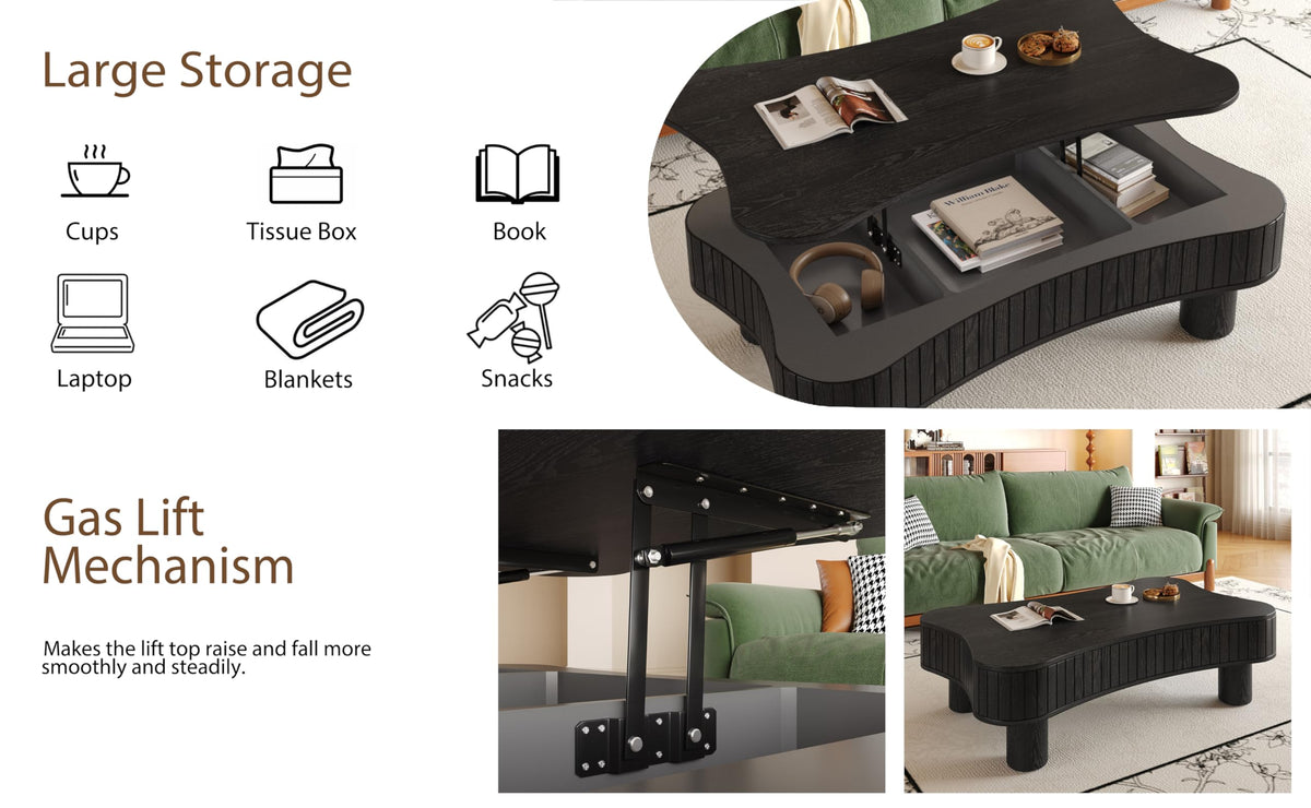 Zurnes Lift Top Coffee Table with Storage, 42" Accent Table for Living Room, Fluted Panel Hidden Storage, Silent Hydraulic Lift, Curved Corners, Easy Assembly, Black