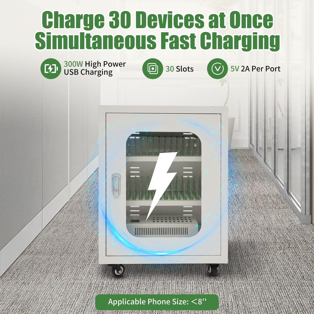 QUEWATSA 30 Slots Cell Phones Charging Station, Rechargeable Cellphone Locker Storage Charging Station, Mobile Charging Cart with Charging Ports, Wheels & Combination Lock (White)