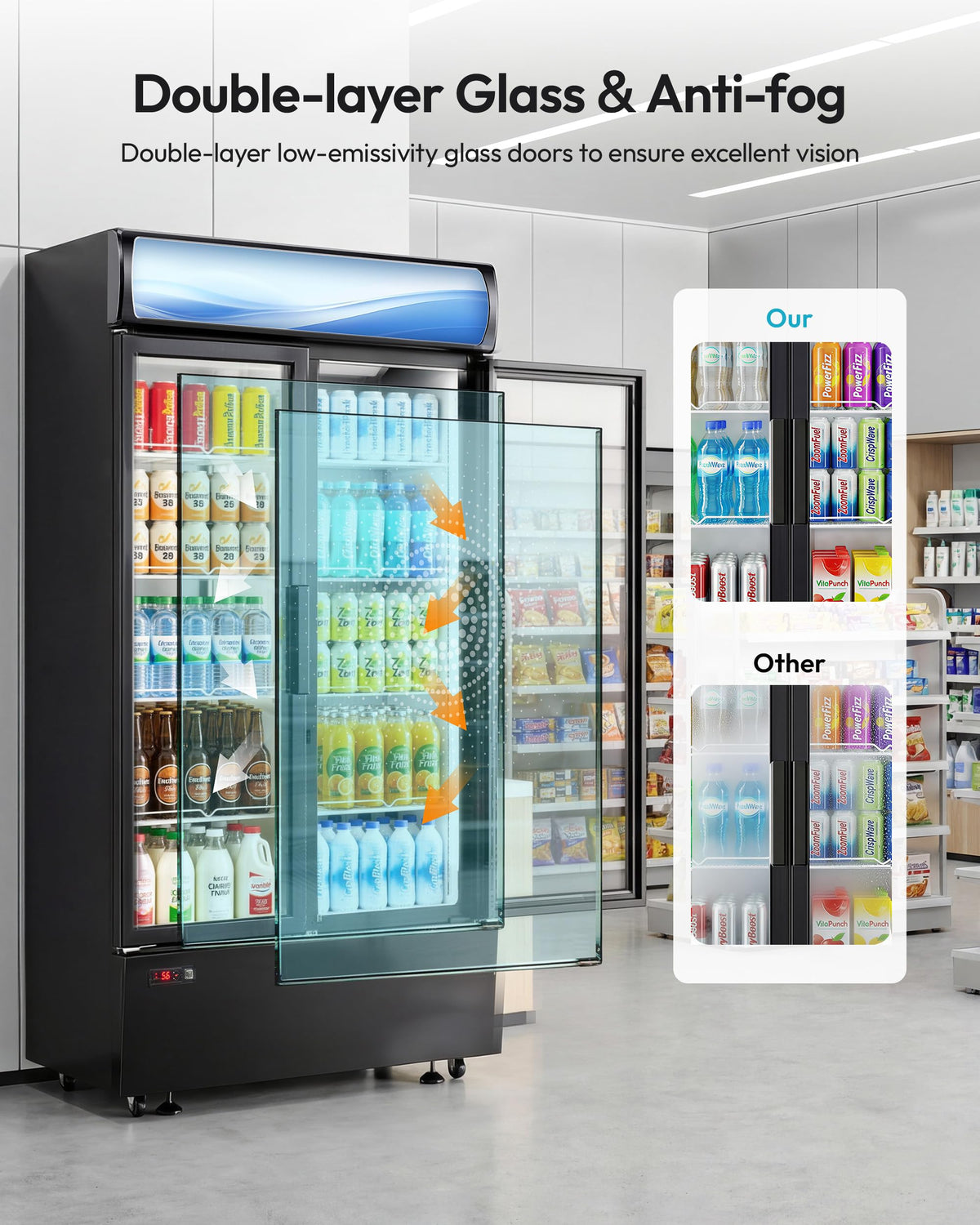 ICEVIVAL 20 cu.ft Beverage Fridge, Commercial Refrigerators with LED Light, 2 Glass Door Drink Merchandiser with 8 Adjustable Shelves, 32-50°F Digital Control ETL Certified Black
