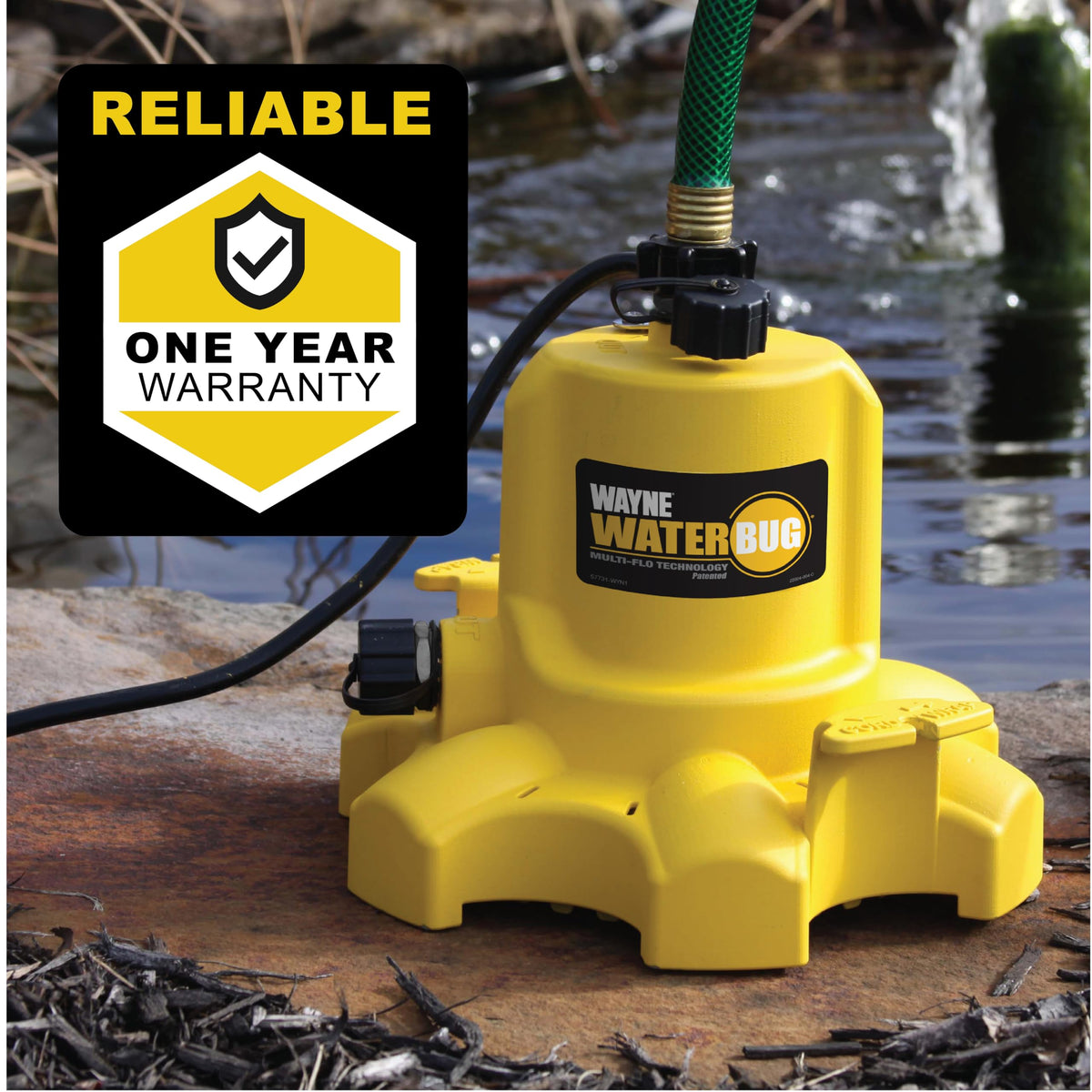 WAYNE - WaterBUG 1/6 HP 1350 GPH Submersible Pump with Multi-Flo Technology - Water Removal and Transfer Pump, Yellow