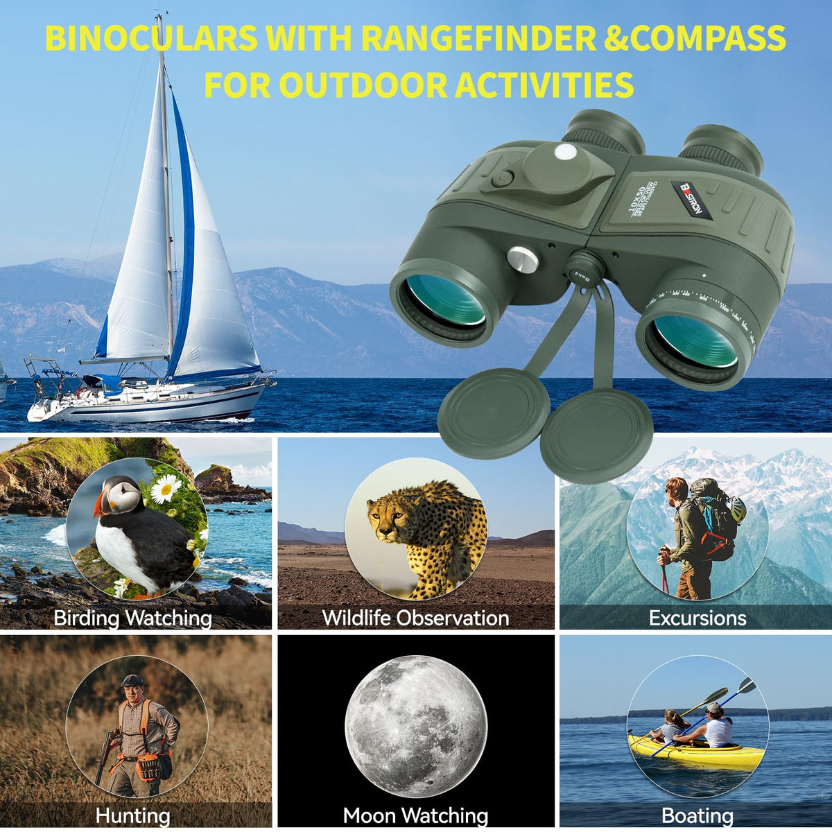 BOSTRON Marine Binoculars 10x50 with Compass and Rangefinder, Waterproof Fogproof Binoculars for Adults, Boating, Sailing, Fishing, Hunting and Outdoor Navigation