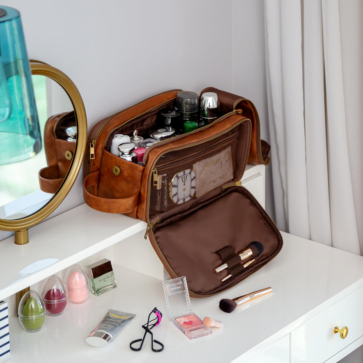 Elviros Toiletry Bag for Men, Large Travel Shaving Dopp Kit Water-resistant Bathroom Toiletries Organizer PU Leather Cosmetic Bags Fathers Day Gift (Medium, Brown)