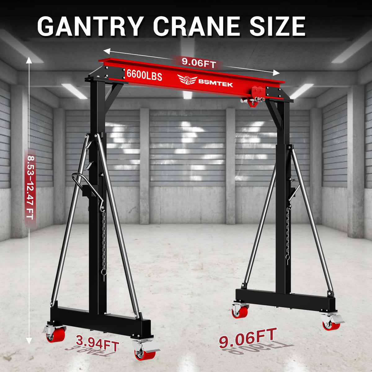 BSMTEK 3 Ton Gantry Crane MAX6600lbs, Adjustable Height (8.53-12.47 FT), Width (9.06 FT, Available 8.53FT), Steel I-Beam Construction, Portable Shop Hoist for Factories, Warehouses