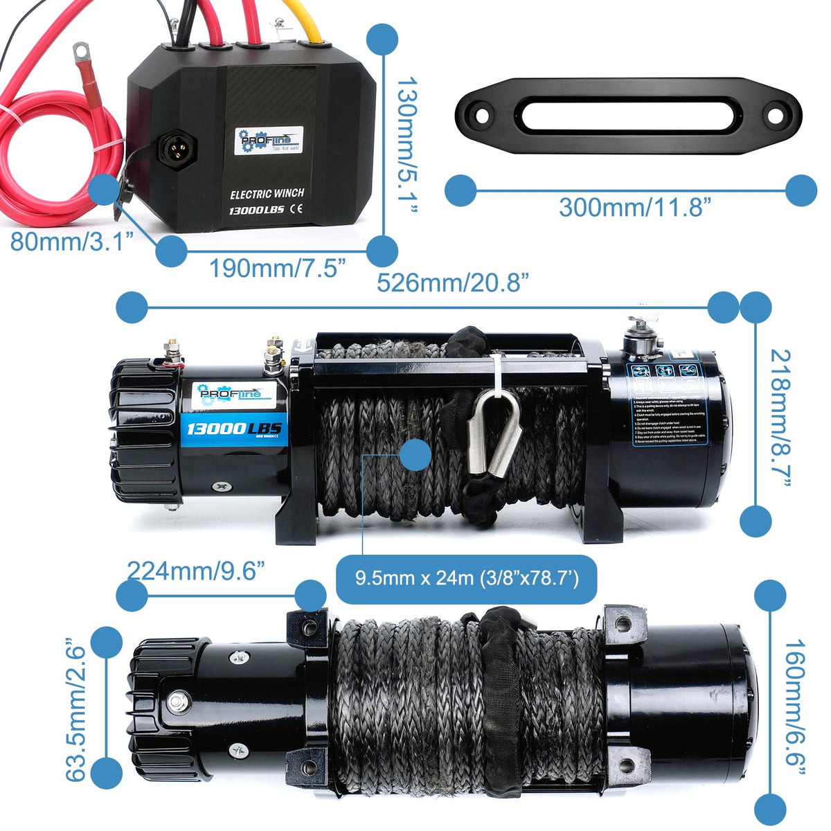PROFLine Electric Winch 13000 lbs ATV Winch 12V with Synthetic Rope and Hook Truck Winch with Hawse Fairlead Remote Control for Towing UTV SUV Off Road Vehicle