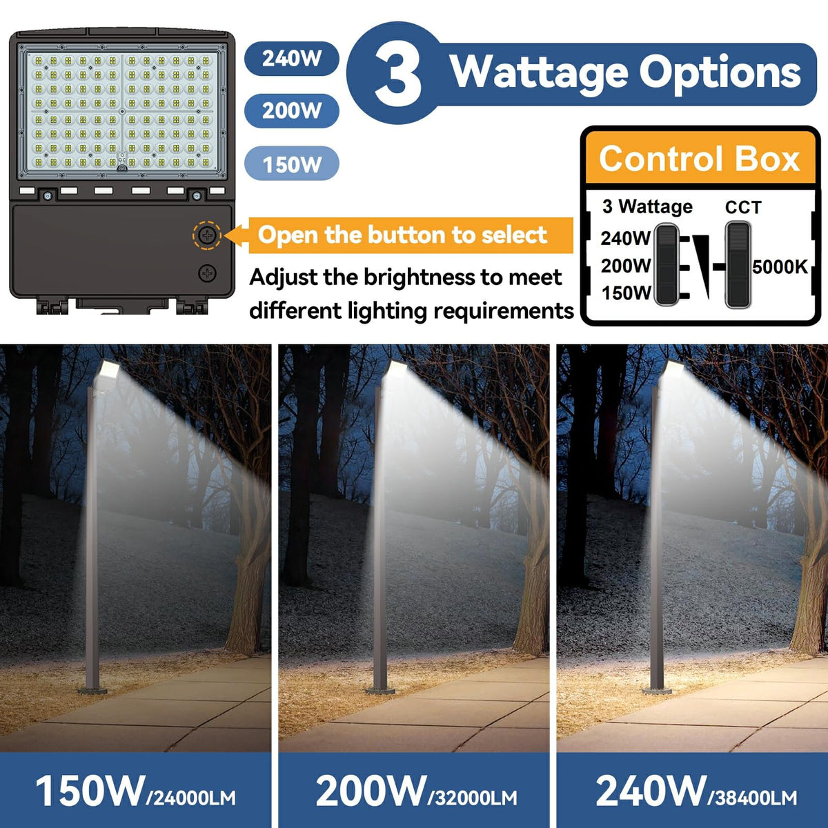 240W LED Parking Lot Light 3Pack: 150/200/240W Selectable, 38400LM 5000K LED Shoebox Light with Arm Mount, LED Flood Lights Commercial Area Lighting for Yard Driveway Stadium Roadways, 100-277VAC ETL