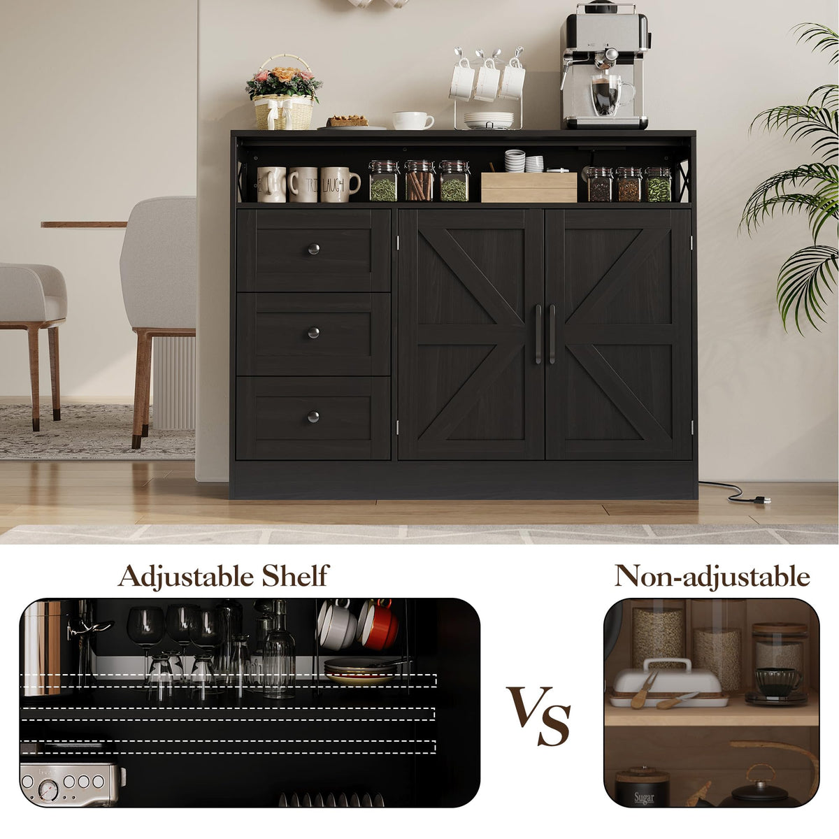 GAOMON 51Inch Sideboard Buffet Cabinet, Wood Rustic Coffee Bar Large Buffet Storage Cabinet with Drawers and Power Outlets Shelves Doors for Dining Kitchen Living Room, Black