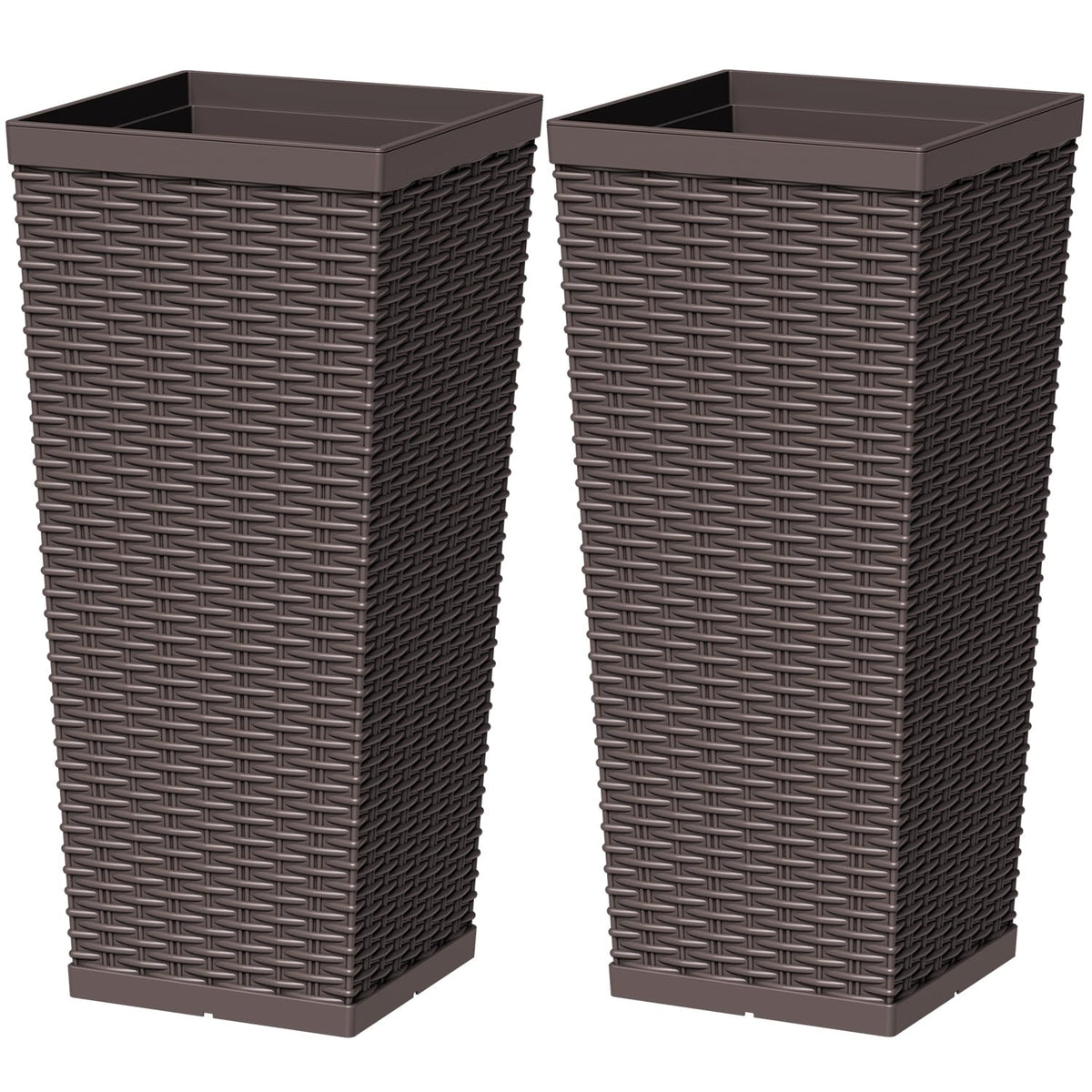 Greesum 23 Inch Tall Plastic Planters (Set of 2), Large Outdoor Flower Pots with Detachable Inner Pot & Drainage Holes for Plants, Trees, Patio, and Garden, Brown