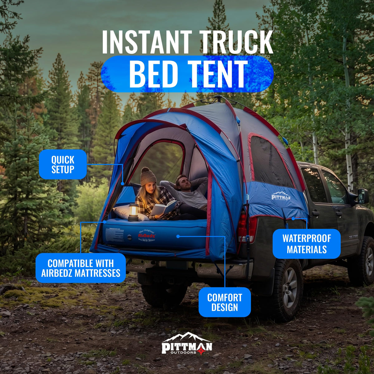 Pittman Outdoors Truck Bed Tent – EZ-UP Easy Assembly Truck Tent for Camping with Rain Fly, Extra Wide Entry, Oversize Air Mesh & Porch Cover – Premium Truck Bed Camp - 5.5 ft - 5.8 ft