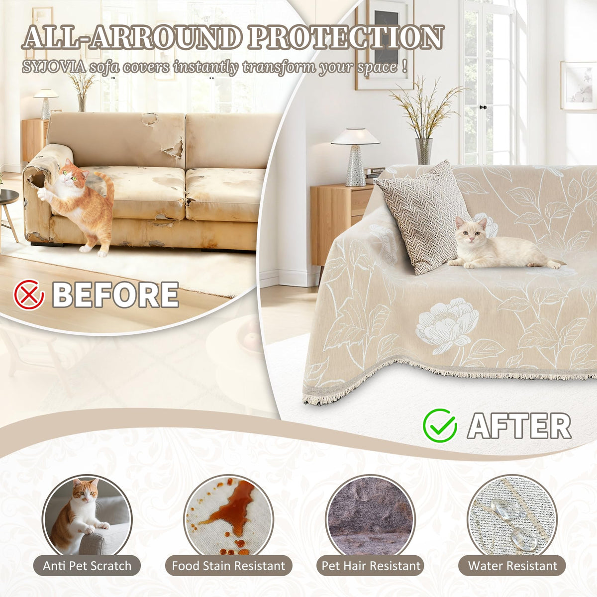 SYJOVIA 1OO% Waterproof Sectional Couch Covers for Dogs L Shaped Corner Sofa Cover Washable Chenille Sofa Slipcovers Blanket Modern Jacquard Pet Furniture Protector (91"x276", Beige Flower)