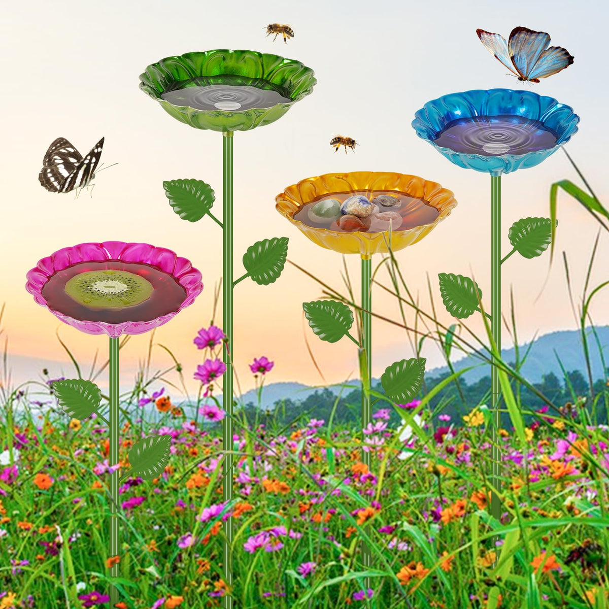 Bee Watering Station | 4 Pack Bee Baths for Garden | Metal Flowers Decorative Garden Stakes | Butterfly Feeder for Outside Garden Yard Decor (Red,Green,Blue,Yellow)