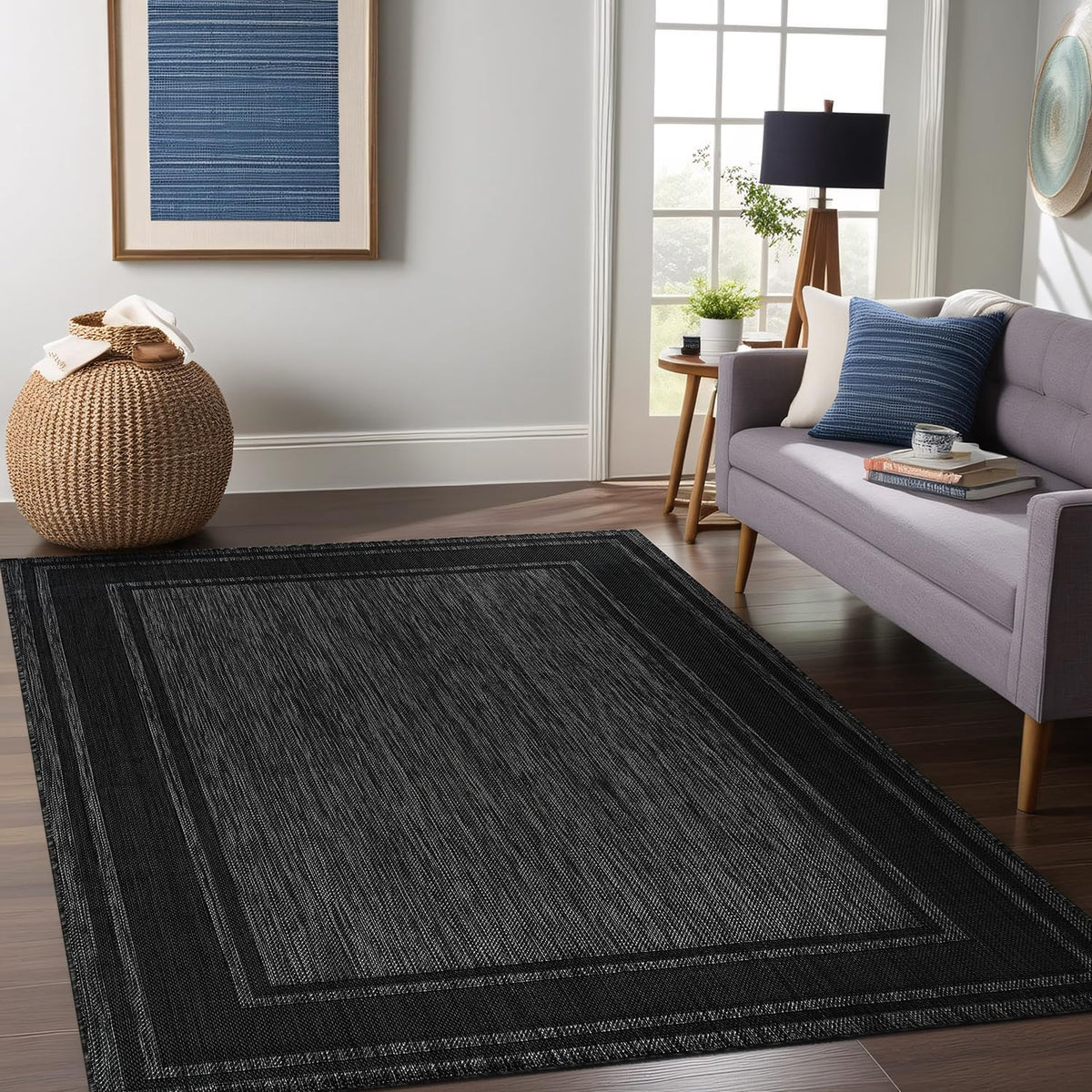 Beverly Rug Outdoor Rug 6x9 Modern Bordered Area Rugs for Indoor and Outdoor Patio Deck Porch Garden Waterproof Weather Sun Resistant Washable Outside Carpet (6 x 9 Black)