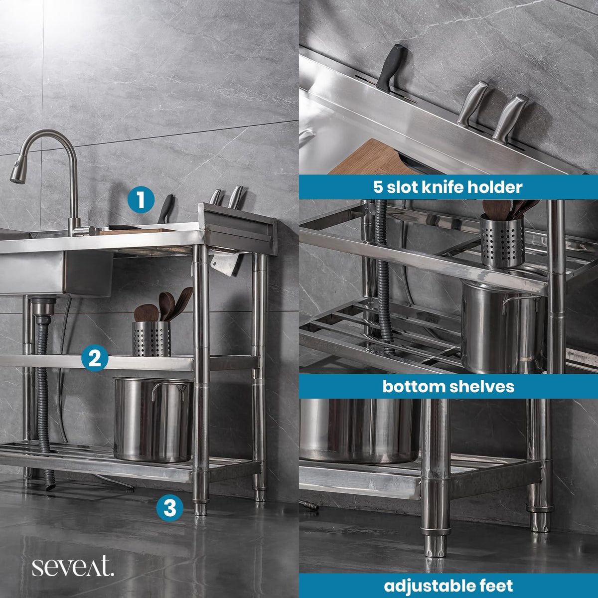 Seveat Freestanding Stainless Steel Utility Sink with Pull-Out Faucet | Laundry Tub with Bottom Shelf | Heavy-Duty for Garage, Basement, Mudroom, Workshop & Outdoor Use (Silver)