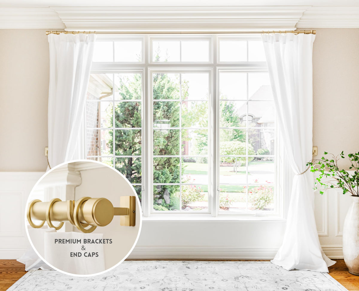 BlastHome® Non-Adjustable Luxury Extra Long Curtain Rod, 1 ¼” Rod Set, 14 foot Fixed Length (Three Rods Connect for a Seamless Look), Brushed Gold