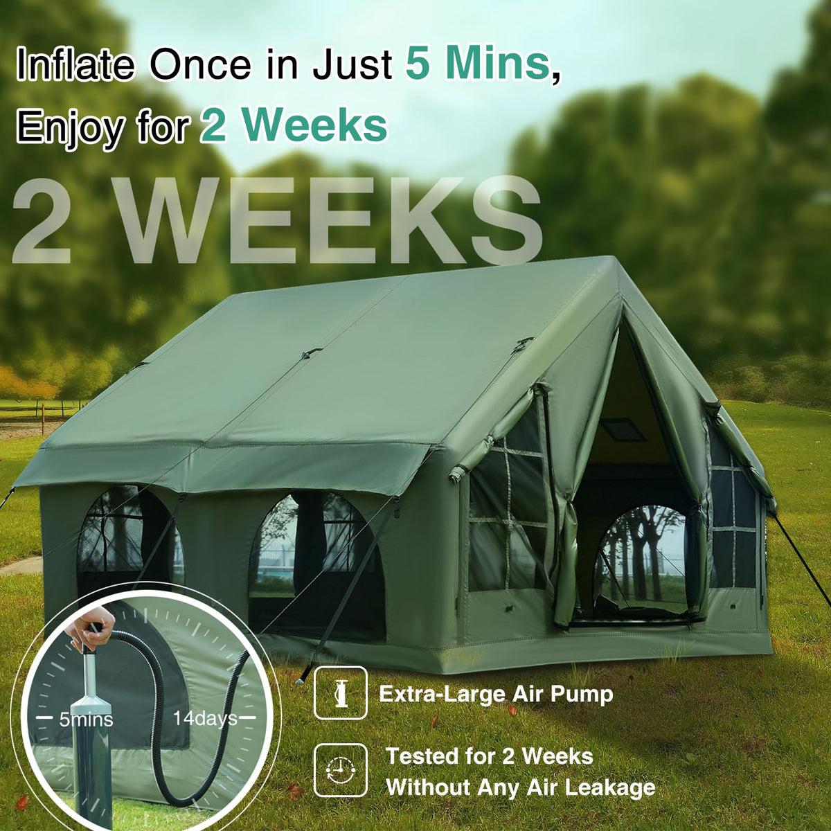 KNUO 2026 Upgraded Waterproof Inflatable Camping Tent for 5-8 People, Large Blow-Up Air Tent, No Assembly Needed Luxury Glamping House, 10x10ft Oxford Fabric,Green