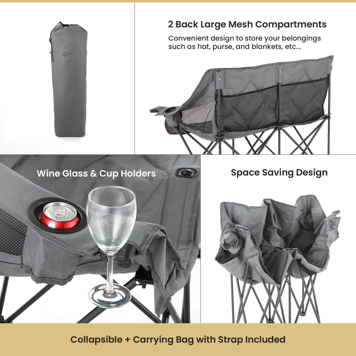 ARROWHEAD OUTDOOR 2-Pack Portable Folding Double Duo Camping Chair Loveseat w/ 2 Cup & Wine Glass Holder, Carrying Bag, Supports up to 650lbs