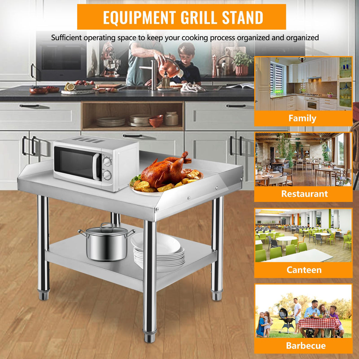 GarveeTech Stainless Steel 60x30x24 inch Equipment Grill Stand Table, 660 LBS Top and Bottom Shelf, Adjustable Legs, 2 inch Edge Baffle, for Hotel, Home, Commercial Restaurant Kitchen