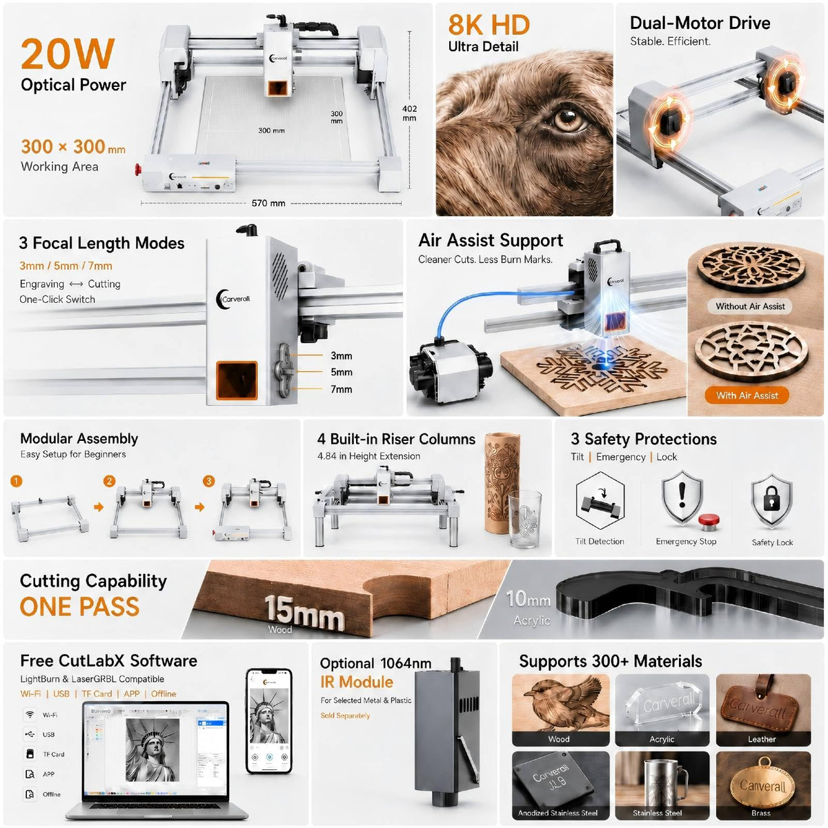 Carverall X1/JL9 20W Laser Engraver and Cutter with Air Assist, Laser Engraving Machine for Wood Metal Acrylic Glass Stone, Powerful DIY CNC Laser Cutter 11.8" x 11.8" 20000mW Class1