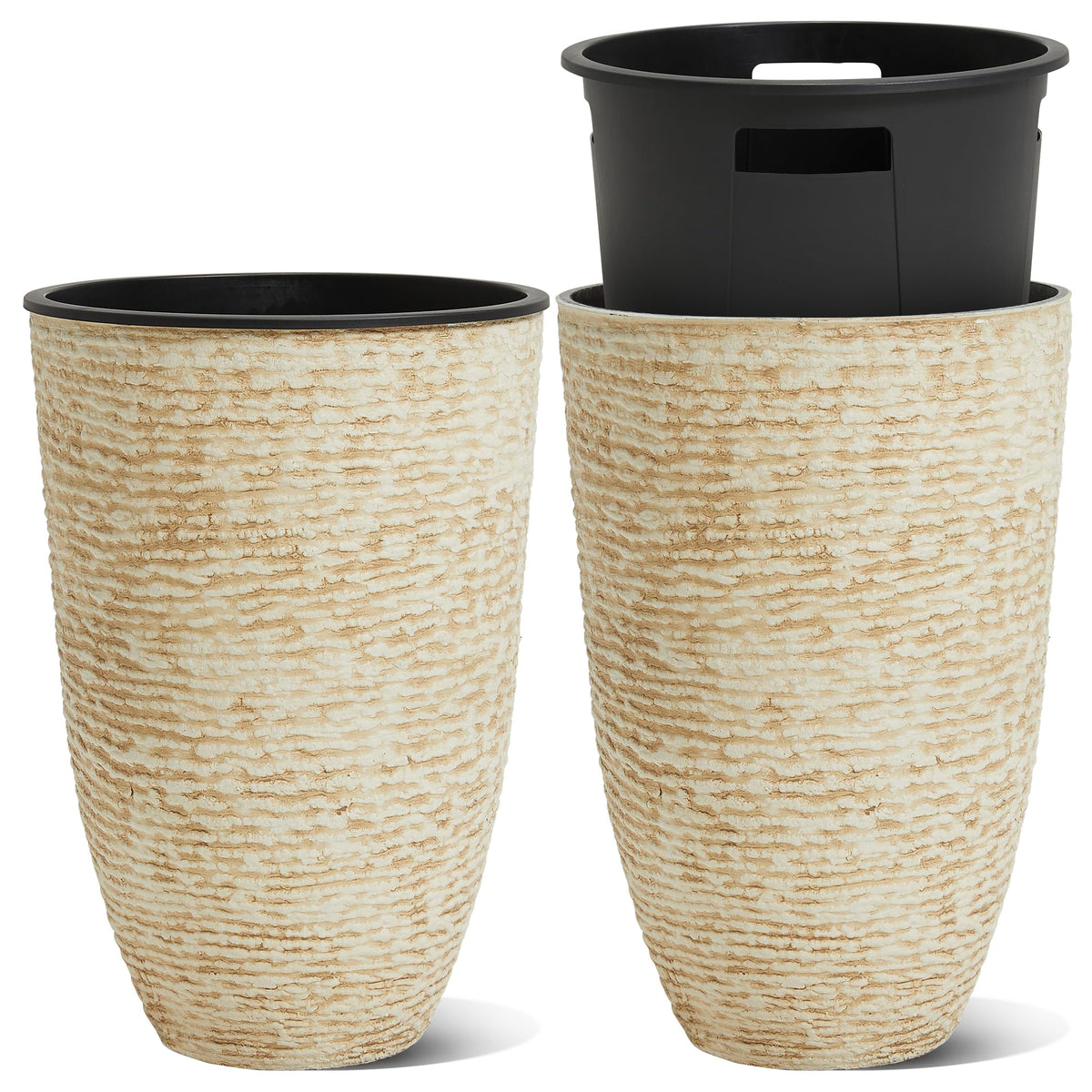 Worth Garden 21" H Beige Tall Planters set of 2 with Inside Pots - 14'' Dia Plastic Large Round Plant Tree Pots with Drain Hole - Decorative Imitation Stone Finish for Indoor Outdoor Front Porch Patio