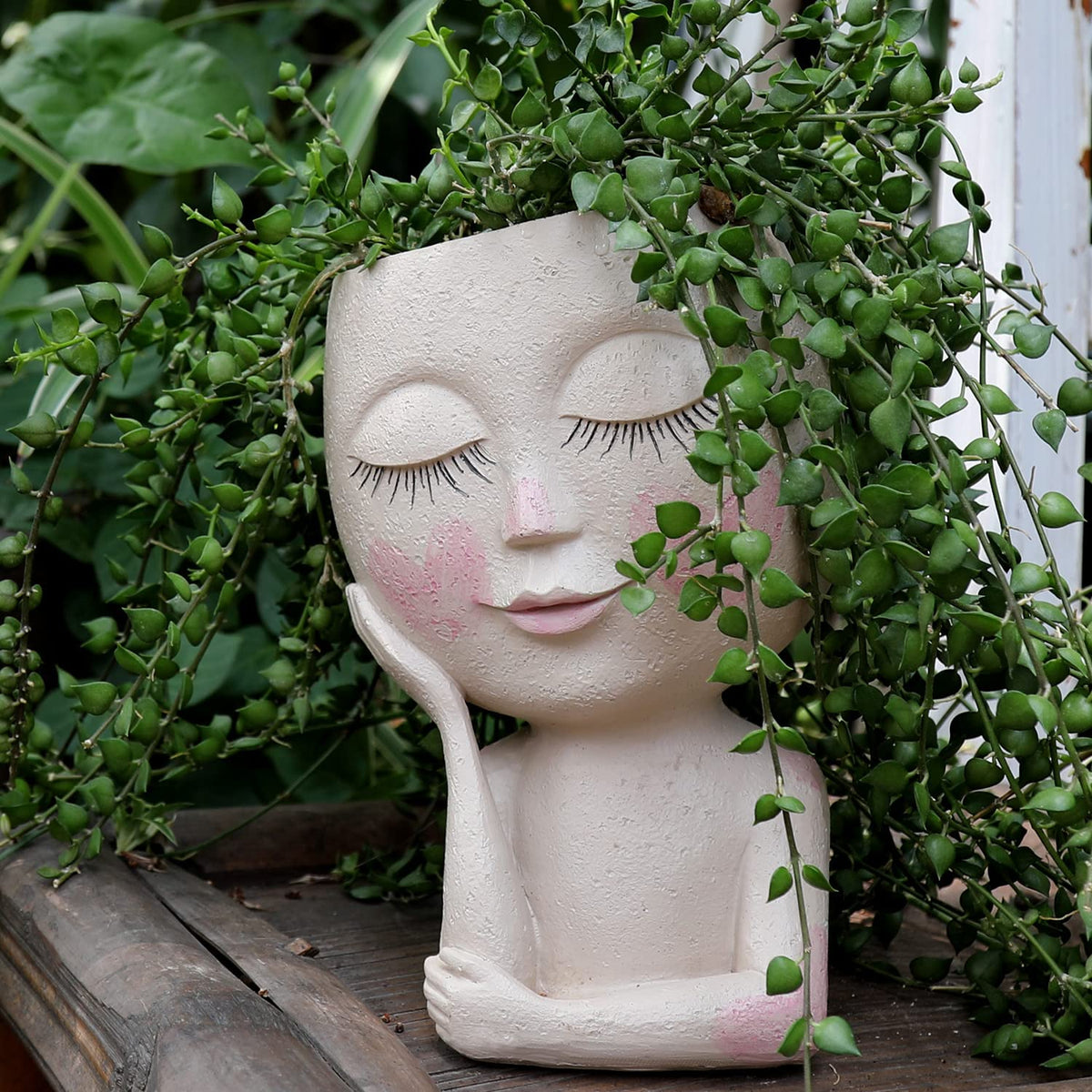 UMESONG Smiley Face Flower Planters Pots for Indoor Plants Resin Head Planter with Drainage Hole One Hand Hold Cute Face Succulent Pots with Closed Eyes for Outdoor Garden Planter (Light)