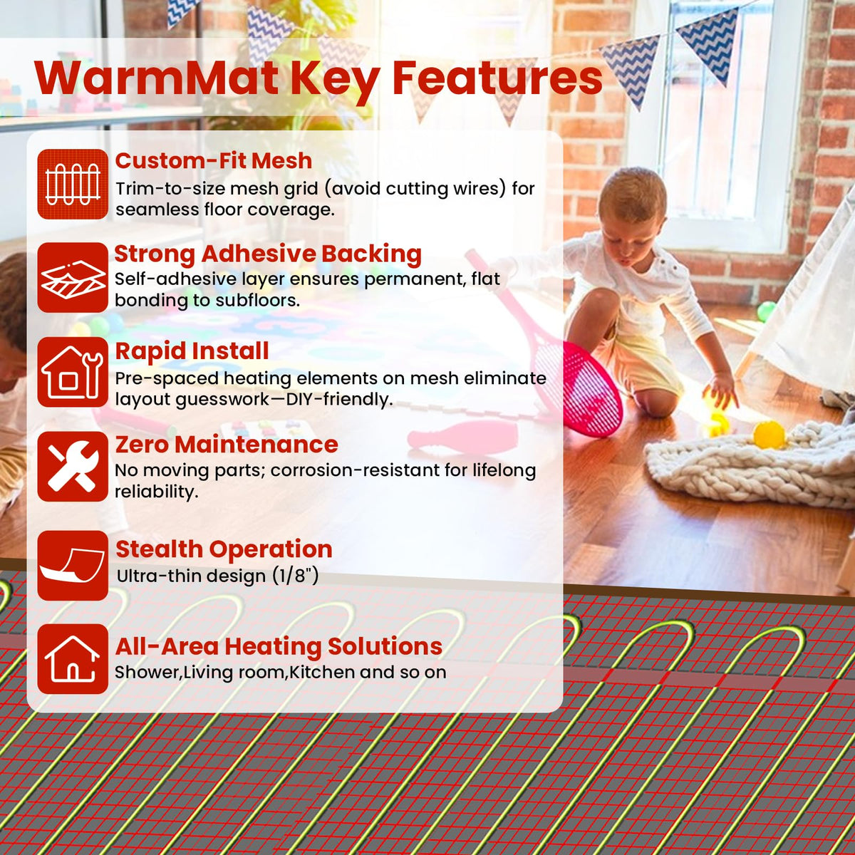 10 sqft HEATIT Warmmat Electric Radiant Self-Adhesive Floor Heat Heating System & ET-7A Thermostat & Alarm Monitor