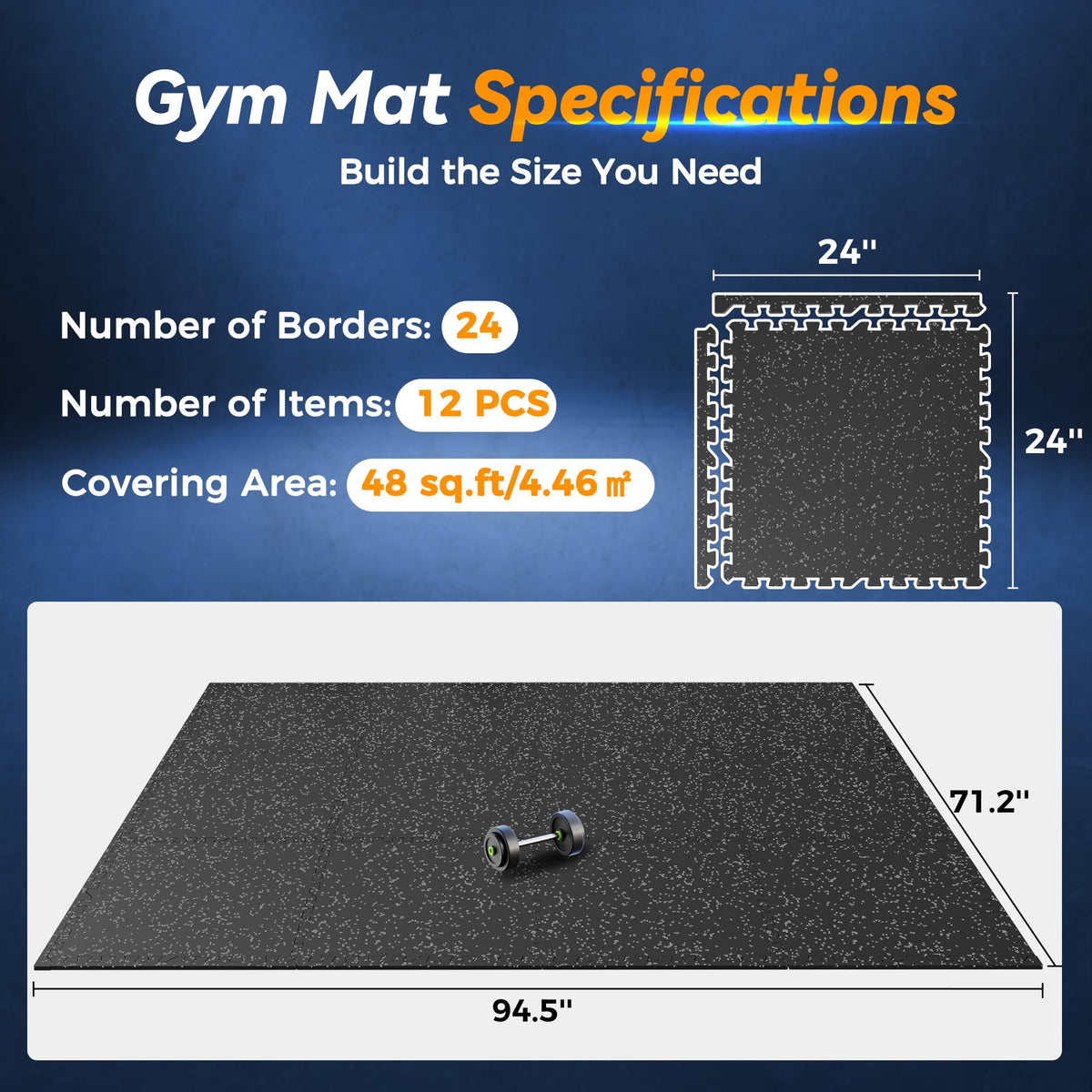 SUPERJARE 1" Extra-Thick Rubber Top Exercise Mat, Puzzle Gym Flooring for Home Gym, Gym Mat for Workout Equipment, Interlocking Floor Tiles with EVA Foam, 12 Pcs 48 Sq Ft, Black/Grey