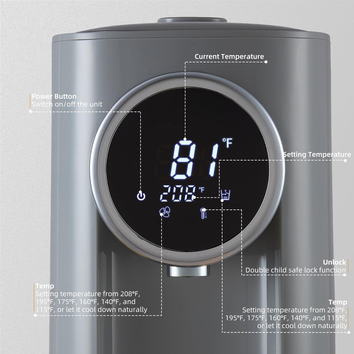 OCTAVO Water Boiler & Warmer 5 Liter, 304 Stainless Steel Water Tank, 700 Watt 6 Adjustable Water Temperature, LCD Touch Control Screen, Child Lock with Water Shortage Indicator